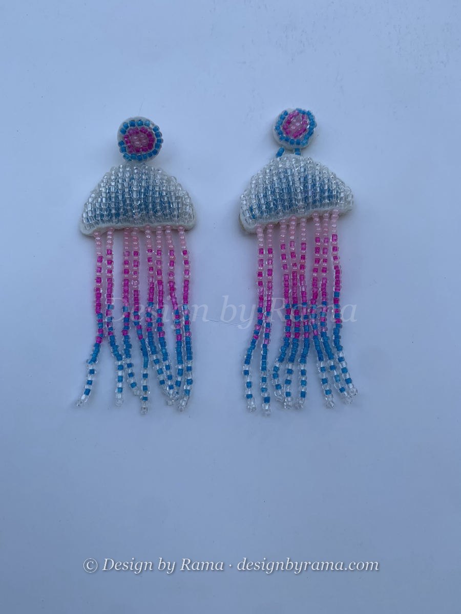 Mampong Jellyfish Fringe — handmade pink, turquoise, blue, sky beaded long earrings by Rama, Ghana glass beads, Duncan BC