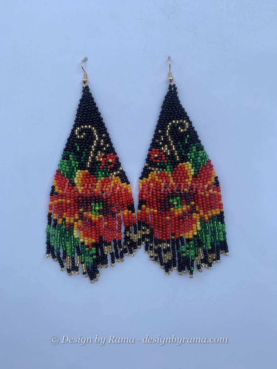 Cape Coast Rose Fringe — handmade black, red, rose, green beaded long earrings by Rama, Ghana glass beads, Duncan BC