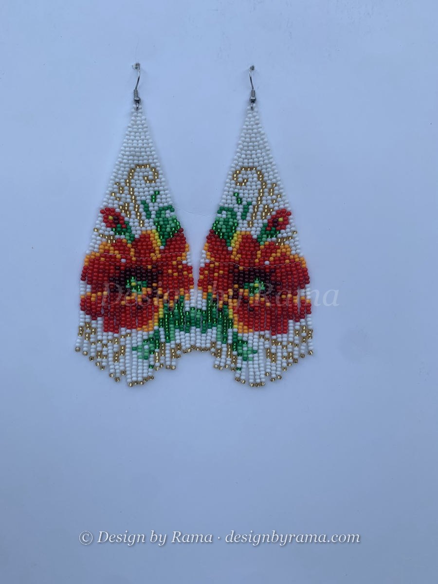 Ho Bloom Fringe — handmade white, gold, red, green beaded long earrings by Rama, Ghana glass beads, Duncan BC
