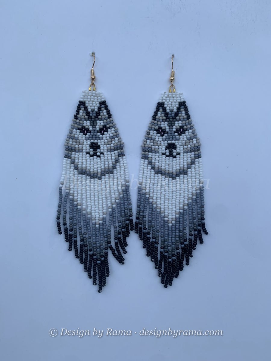 Techiman Husky Fringe — handmade black, white, grey beaded long earrings by Rama, Ghana glass beads, Duncan BC