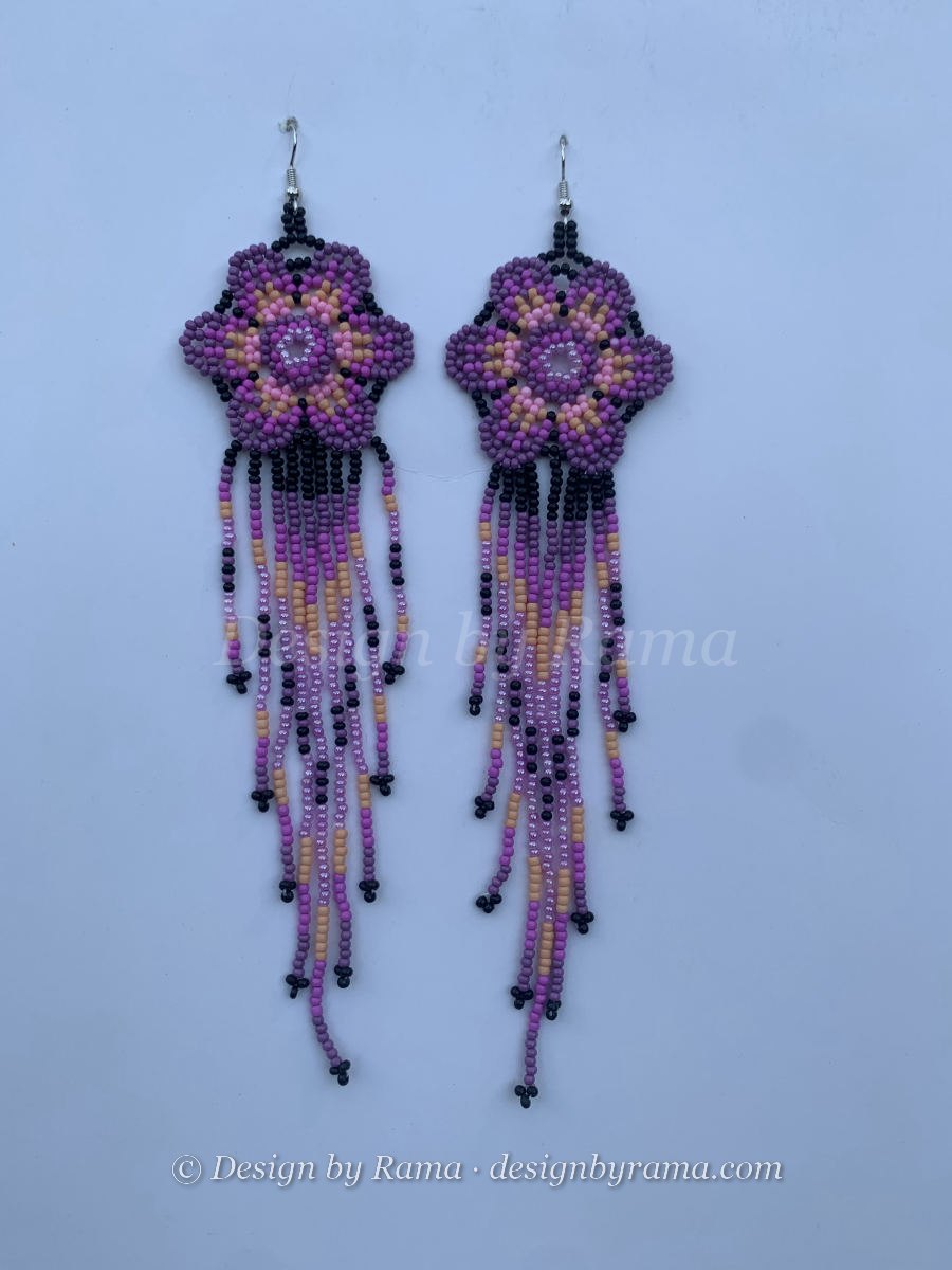 Obuasi Bloom Fringe — handmade black, pink, peach, purple beaded long earrings by Rama, Ghana glass beads, Duncan BC