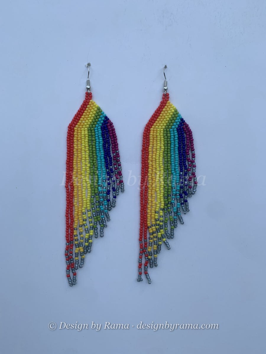 Jirapa Rainbow Stripe — handmade silver, rainbow beaded long earrings by Rama, Ghana glass beads, Duncan BC