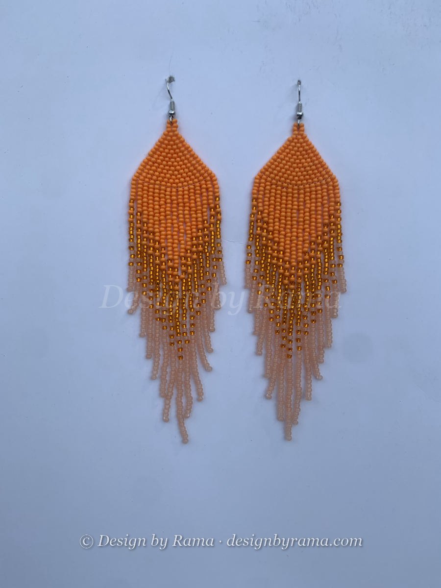 Bolgatanga Ember Fringe — handmade gold, orange, ember, peach beaded long earrings by Rama, Ghana glass beads, Duncan BC