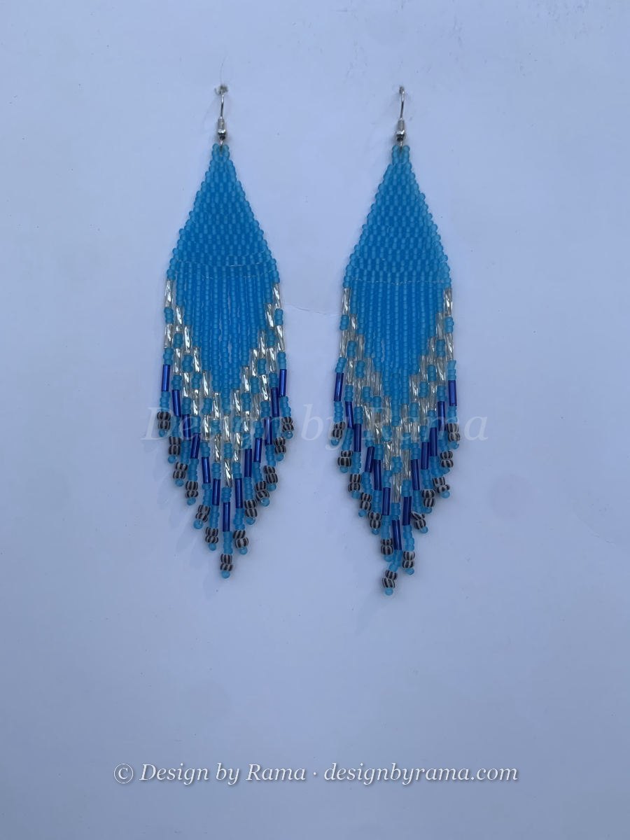 Bibiani Sky Diamond — handmade black, white, silver, blue beaded long earrings by Rama, Ghana glass beads, Duncan BC