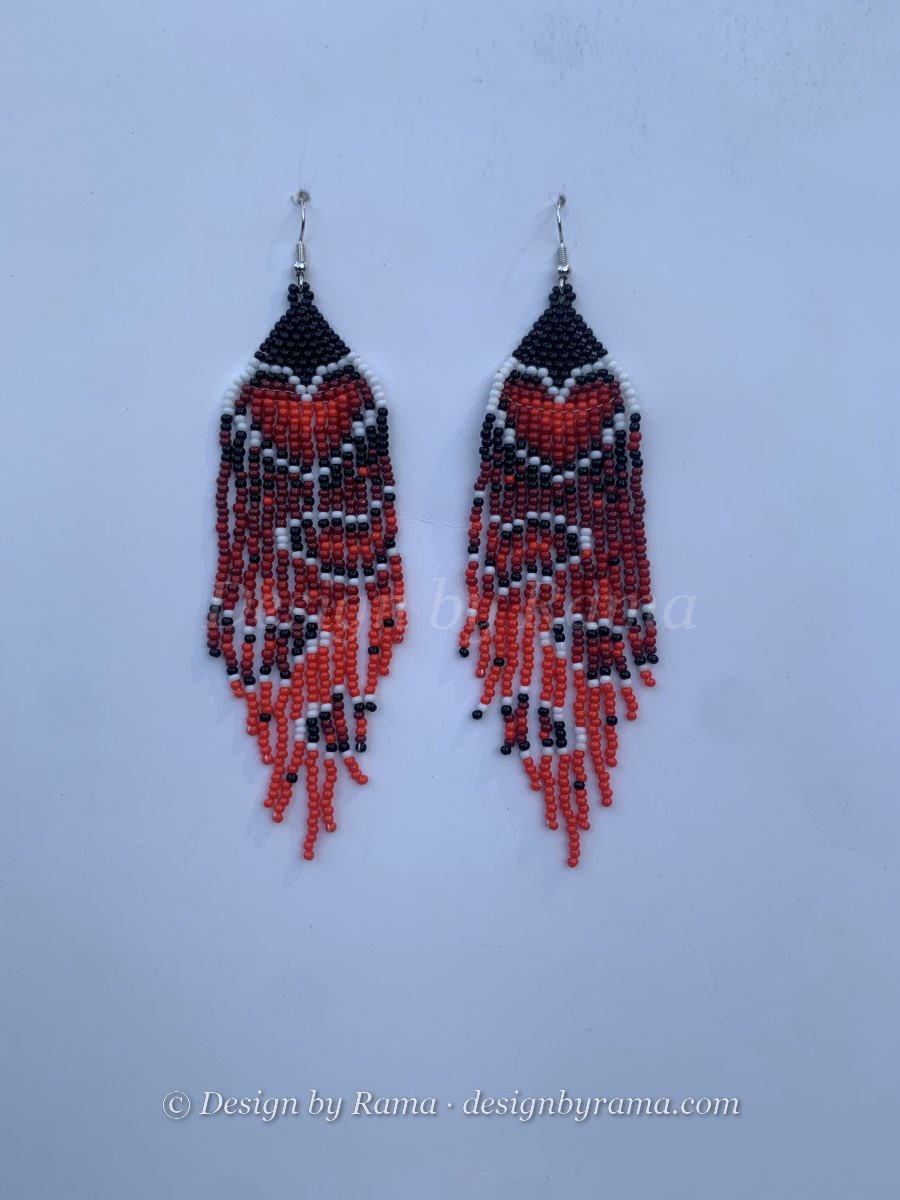 Dambai Black Chevron — handmade black, white, red, orange beaded long earrings by Rama, Ghana glass beads, Duncan BC