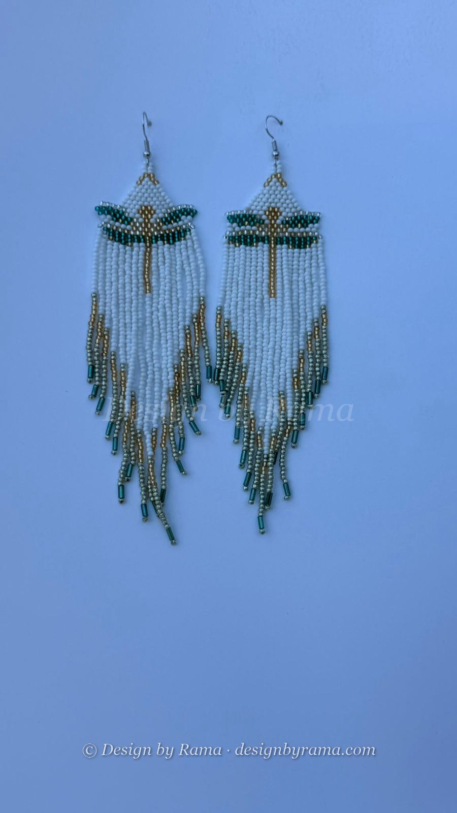 Axim Pearl Diamond — handmade white, pearl, gold, teal beaded panel earrings by Rama, Ghana glass beads, Duncan BC