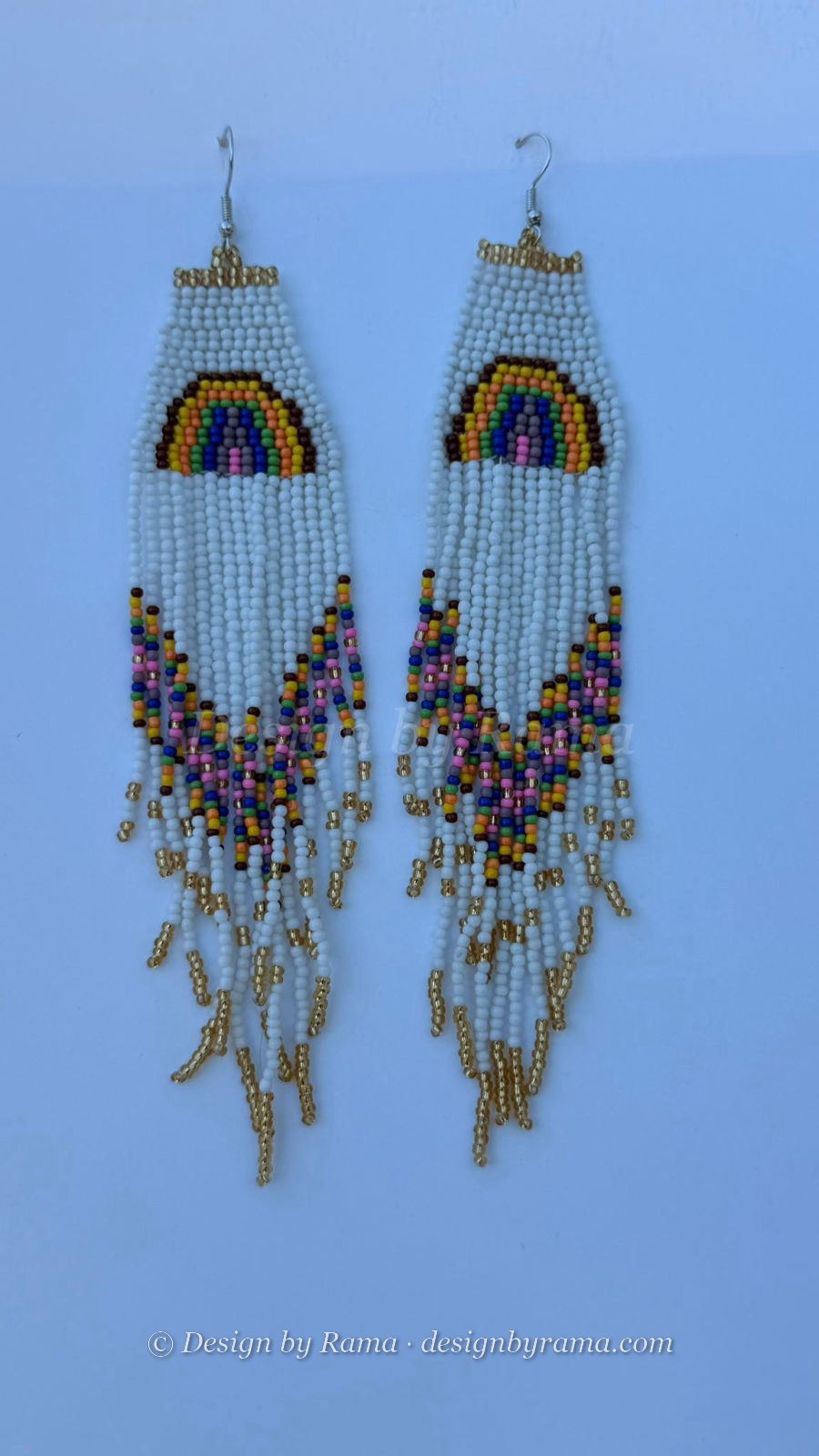 Saltpond Rainbow Arc — handmade white, gold, pink, forest beaded panel earrings by Rama, Ghana glass beads, Duncan BC