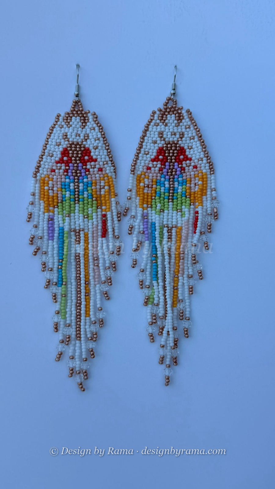 Anomabo Garden Drop — handmade white, gold, red, rose beaded panel earrings by Rama, Ghana glass beads, Duncan BC