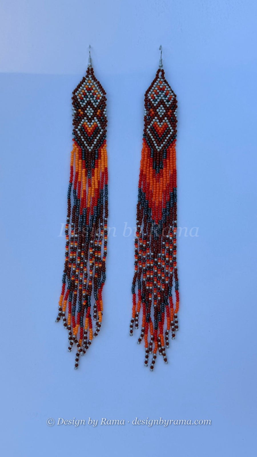 Bimbilla Harvest Fringe — handmade silver, grey, orange beaded long earrings by Rama, Ghana glass beads, Duncan BC