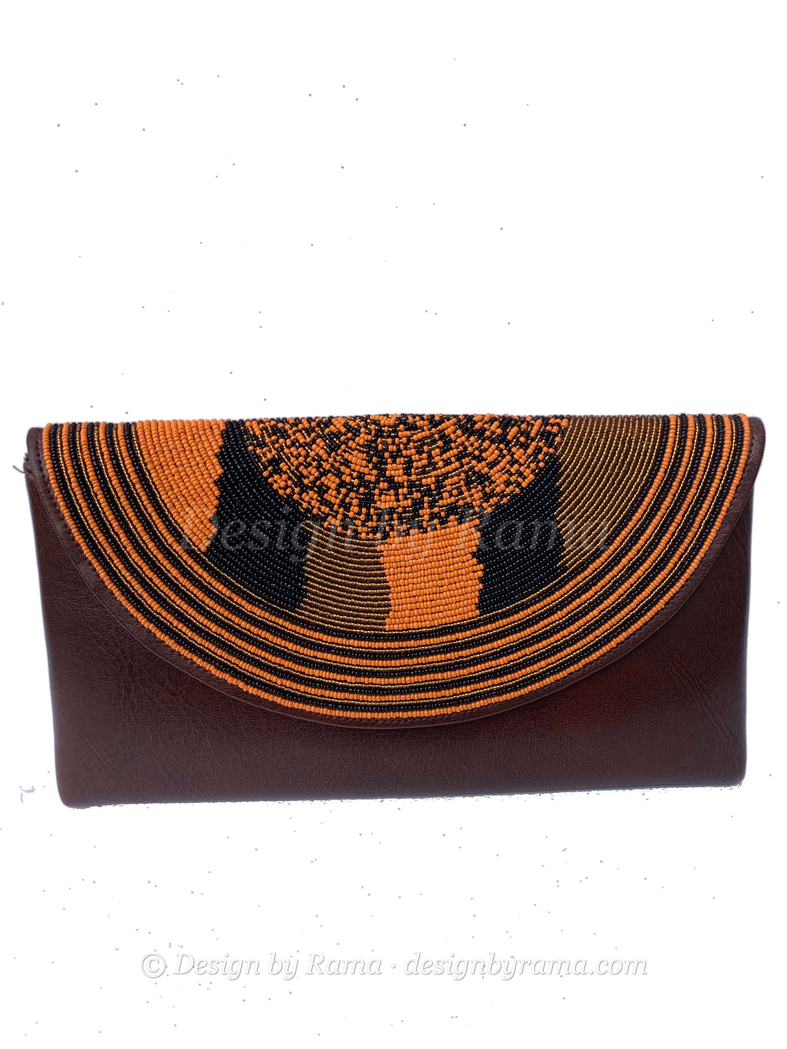 Kumasi Tree of Life Clutch — handmade brown leather, orange, black, gold beaded leather clutch by Rama, Ghana glass beads, Duncan BC