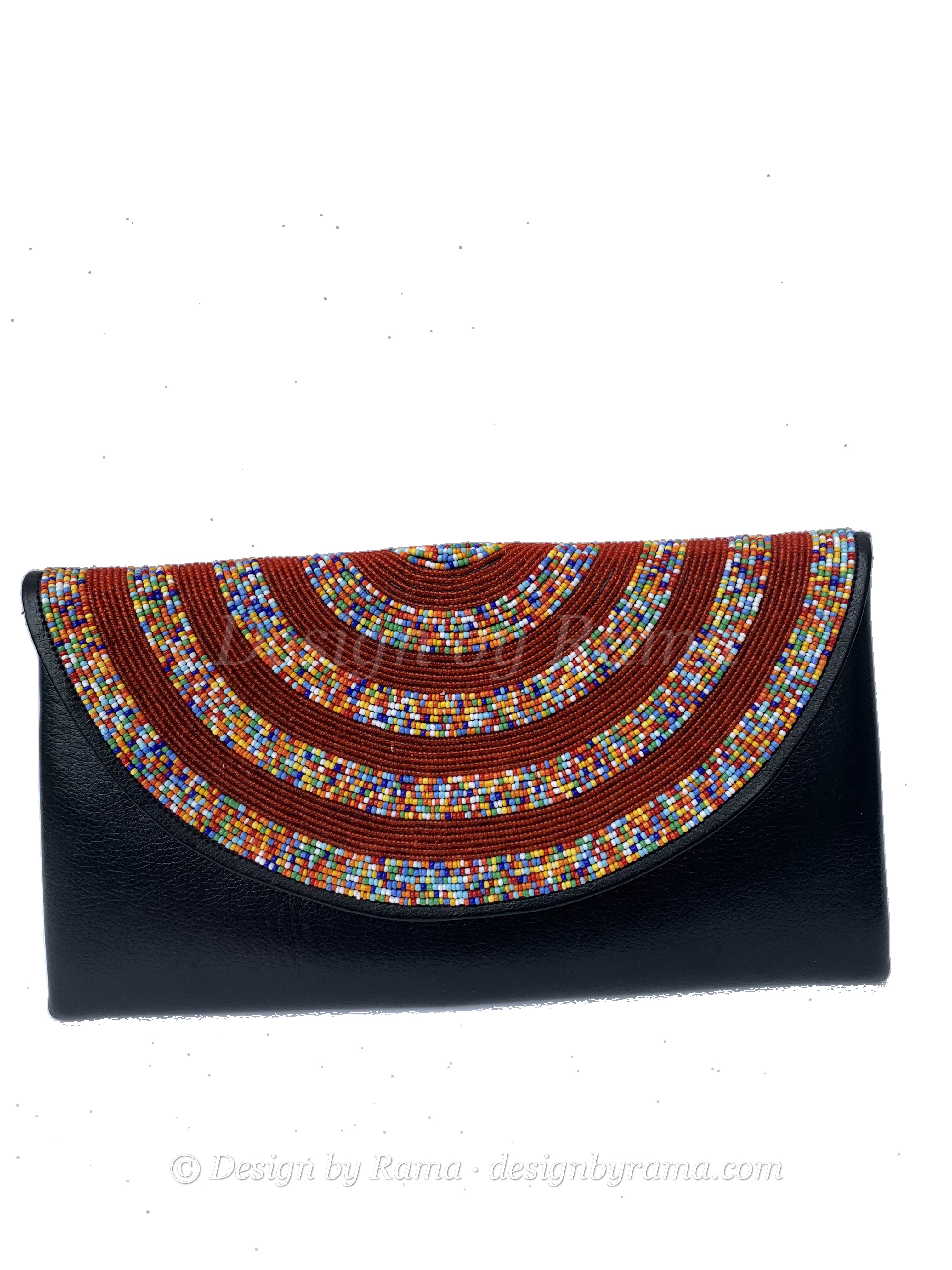 Accra Rainbow Arc Clutch — handmade black leather, rainbow, multicolor beaded leather clutch by Rama, Ghana glass beads, Duncan BC