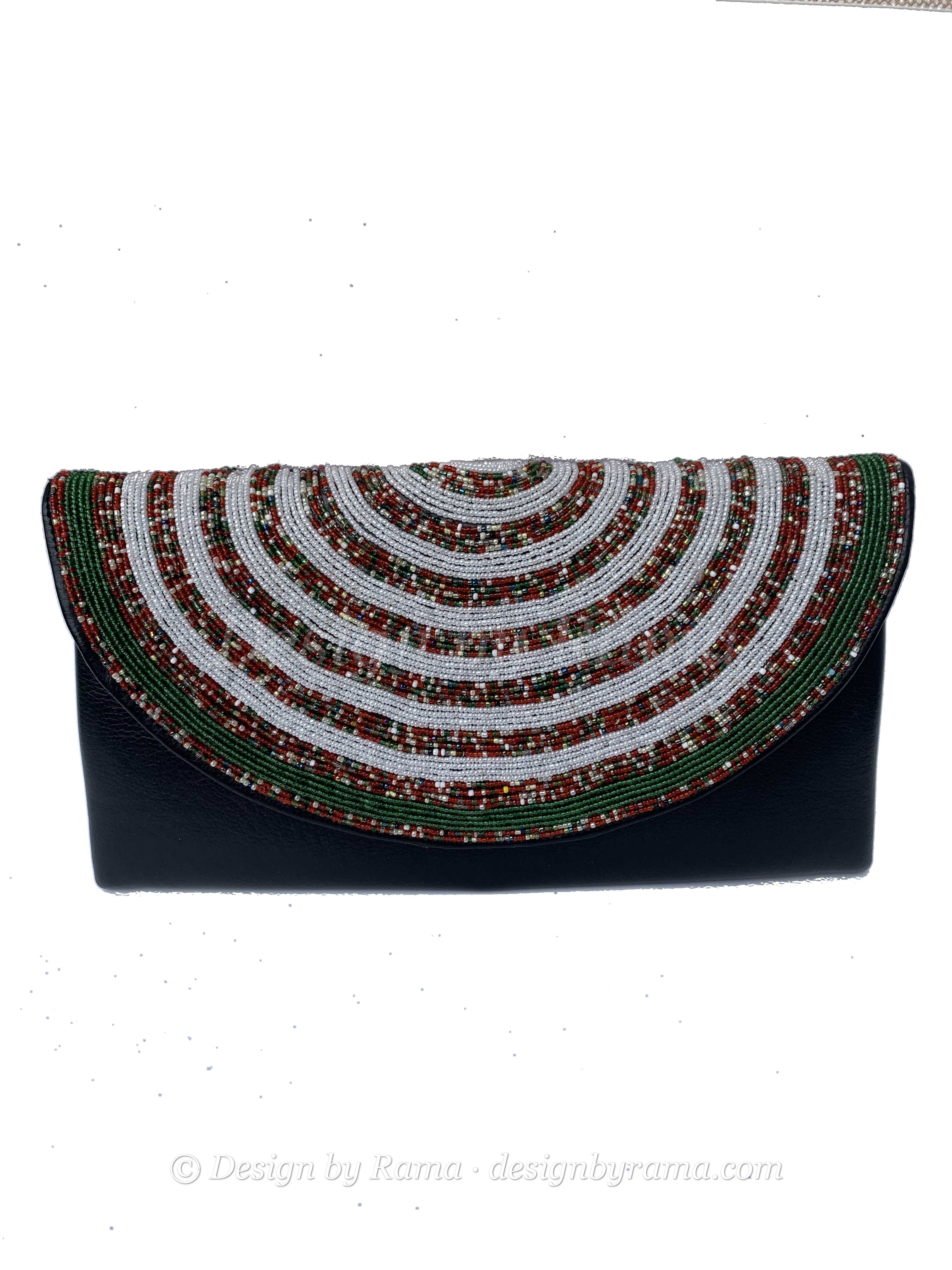 Elmina Ivory Arc Clutch — handmade brown leather, white, black, ivory beaded leather clutch by Rama, Ghana glass beads, Duncan BC