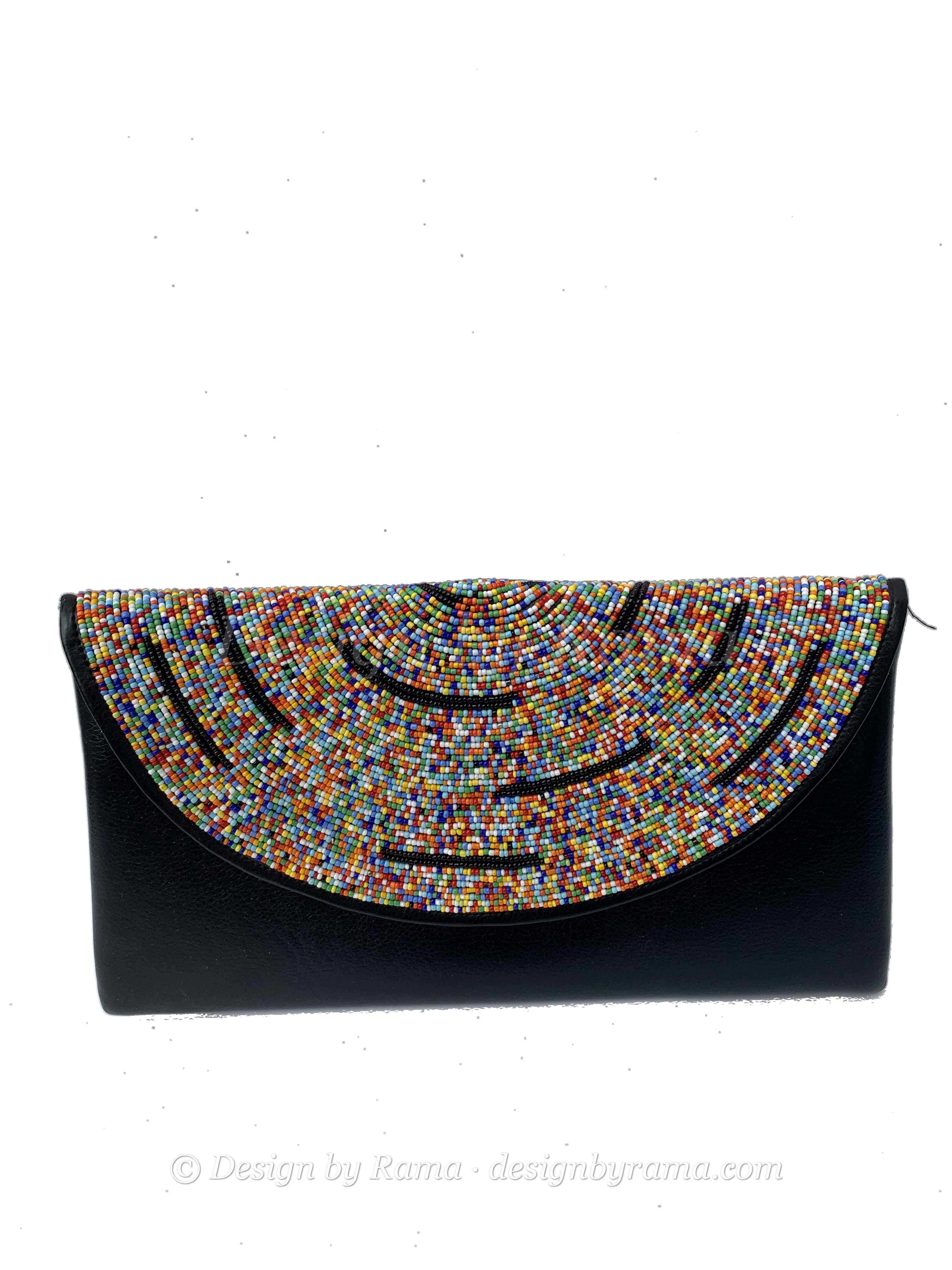 Koforidua Festival Clutch — handmade brown leather, multicolor, festival beaded leather clutch by Rama, Ghana glass beads, Duncan BC
