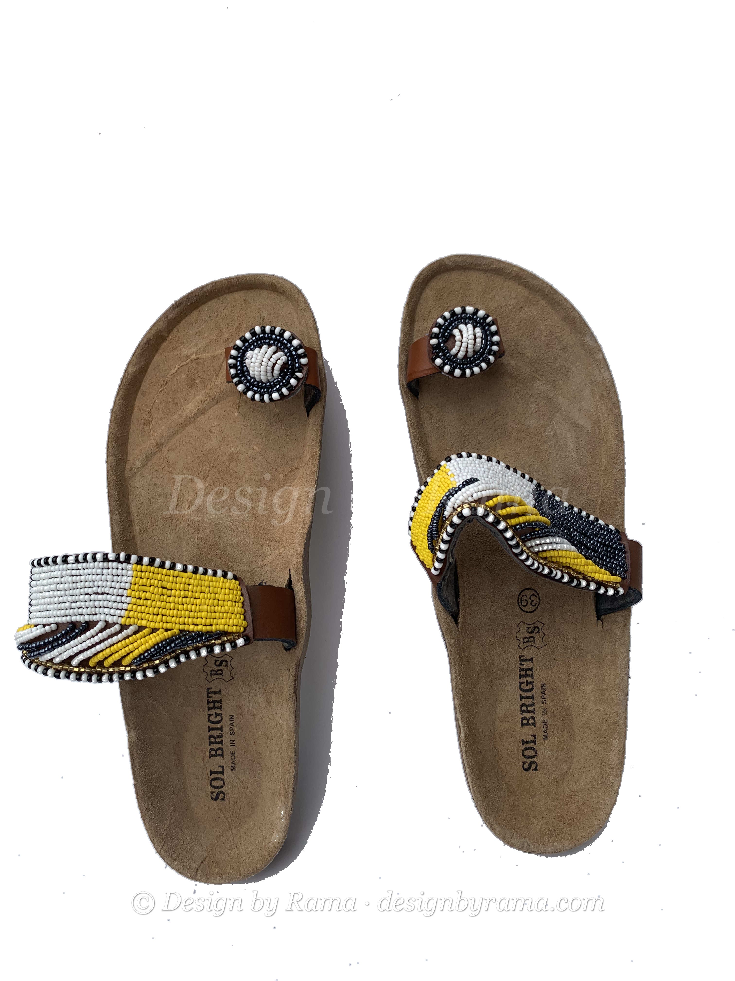 Wa Azure Sandals — handmade blue, yellow, leather beaded leather sandals by Rama, Ghana glass beads, Duncan BC