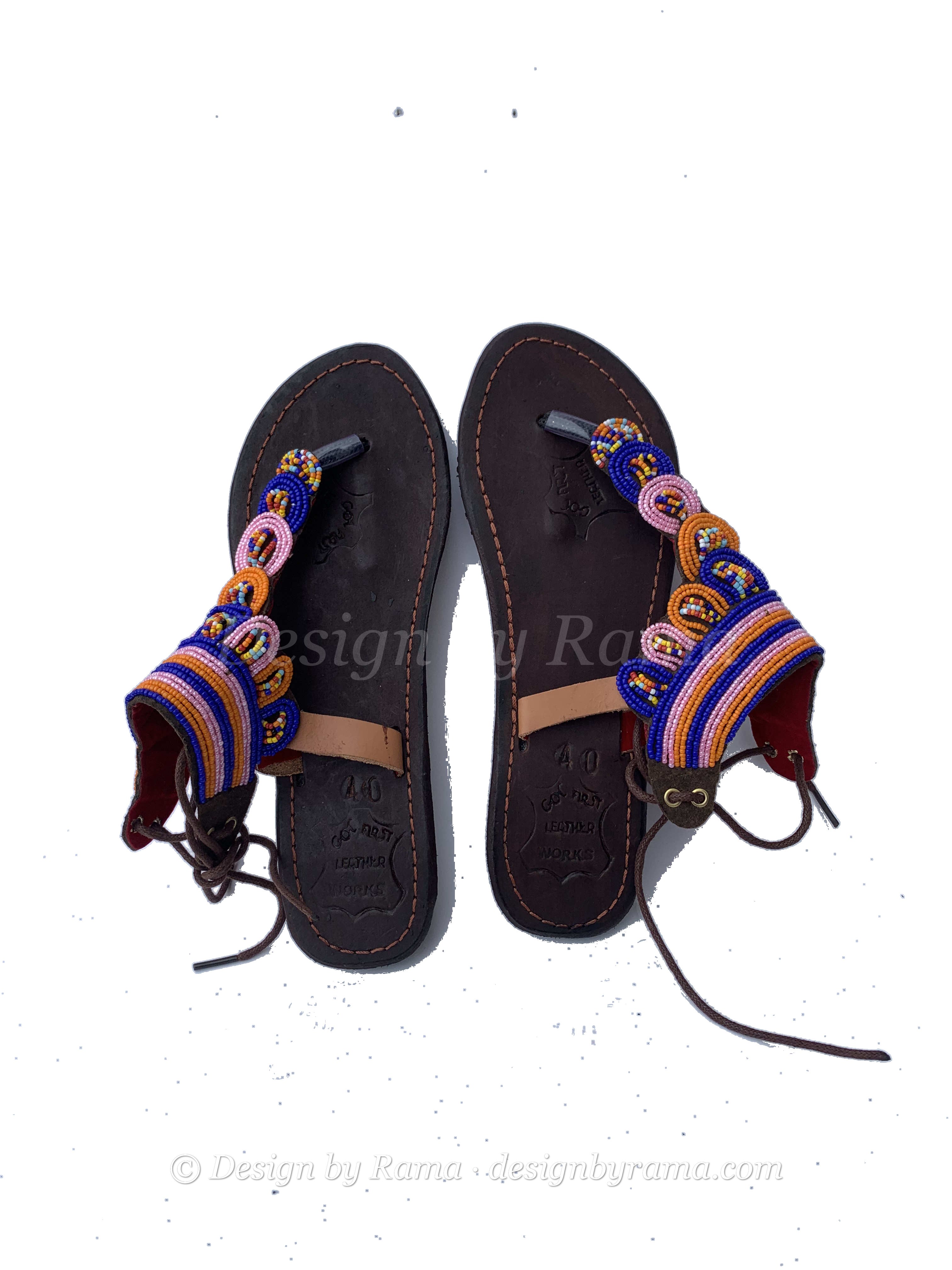 Nkawkaw Carnival Sandals — handmade multicolor, leather beaded leather sandals by Rama, Ghana glass beads, Duncan BC