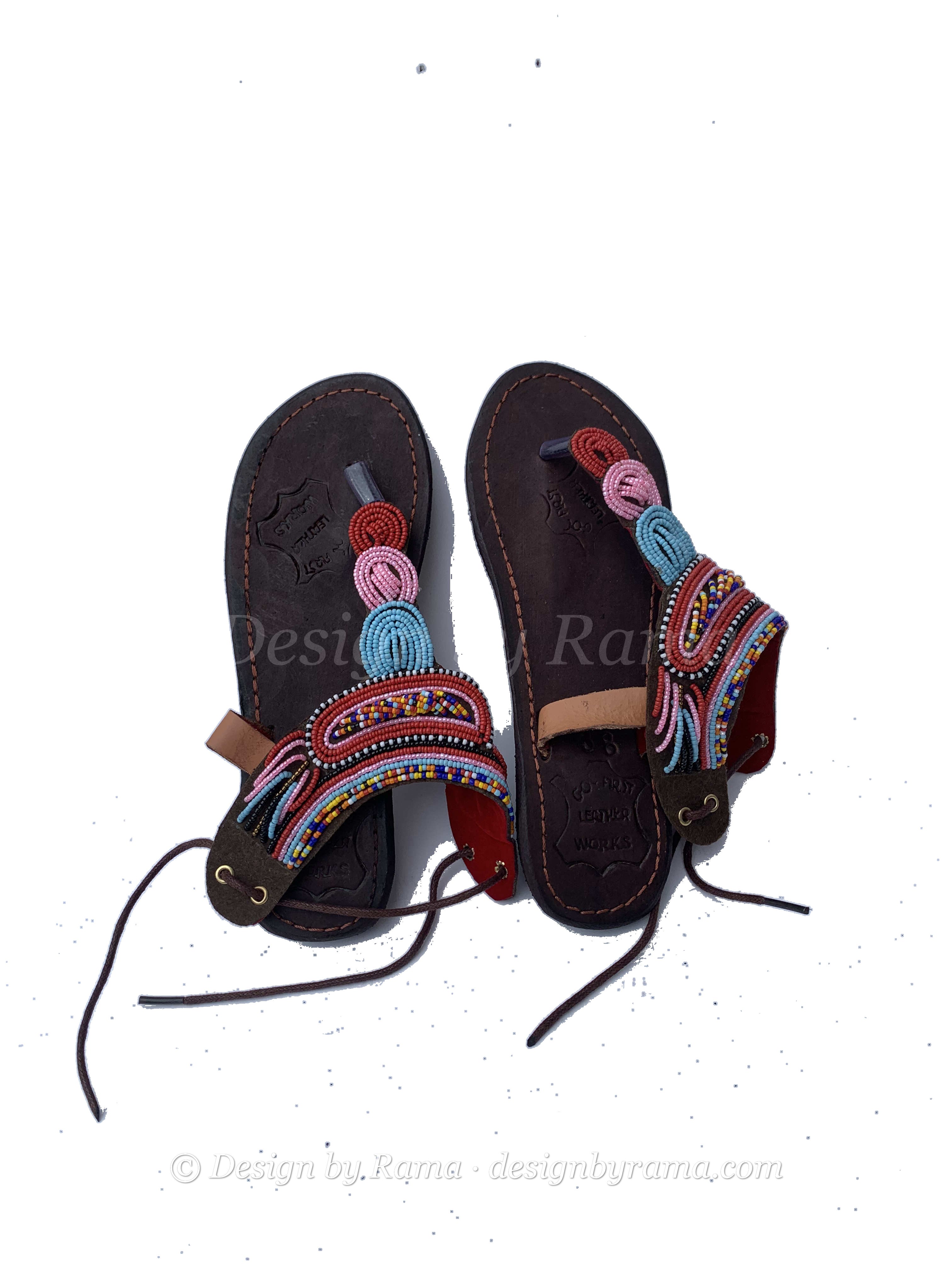 Dunkwa Marigold Sandals — handmade orange, multicolor, leather beaded leather sandals by Rama, Ghana glass beads, Duncan BC