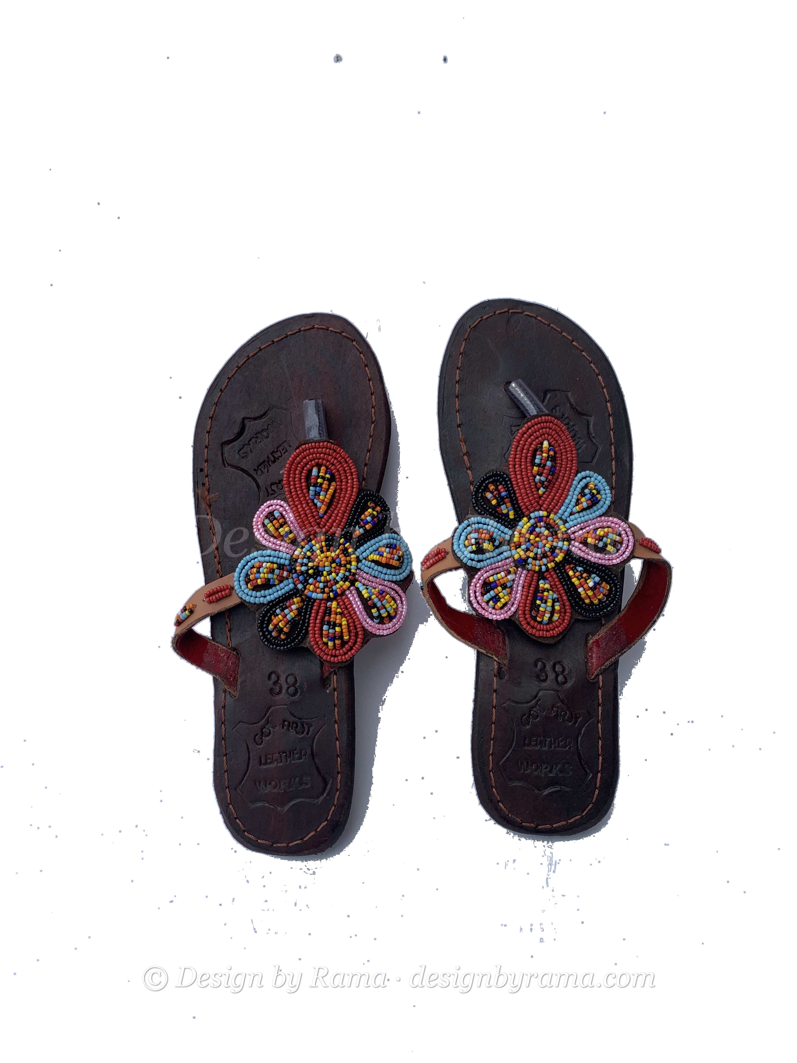 Kintampo Poppy Sandals — handmade red, floral, leather beaded leather sandals by Rama, Ghana glass beads, Duncan BC