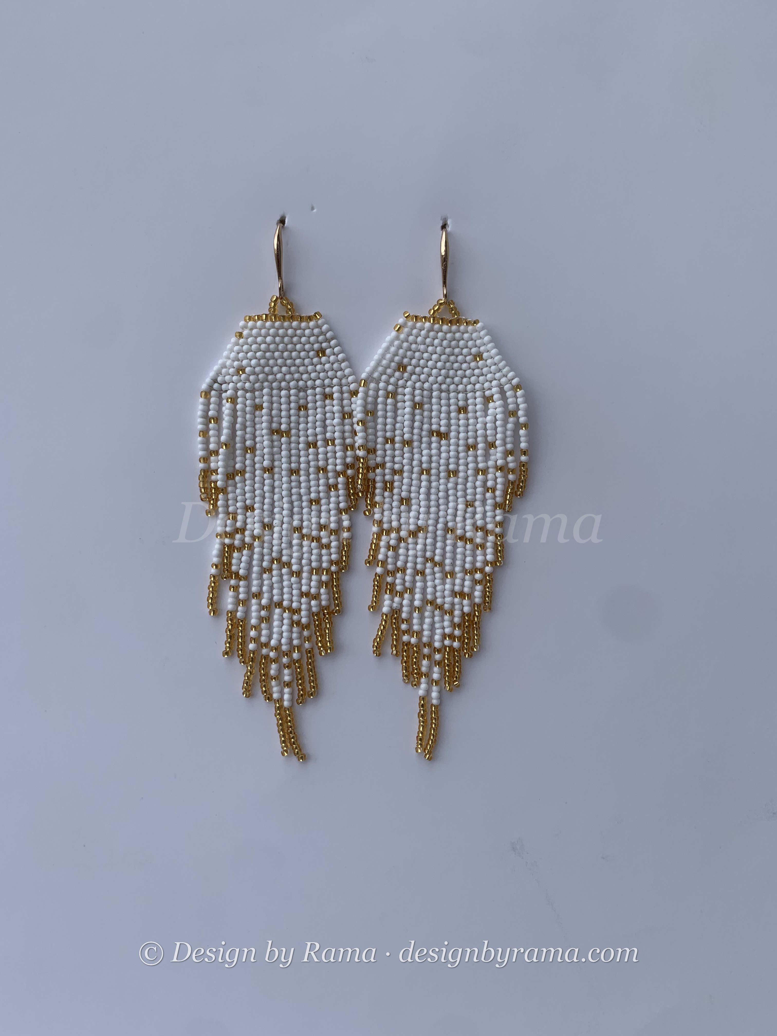 Mampong Ivory Wing — handmade ivory, gold, cream beaded fringe earrings by Rama, Ghana glass beads, Duncan BC