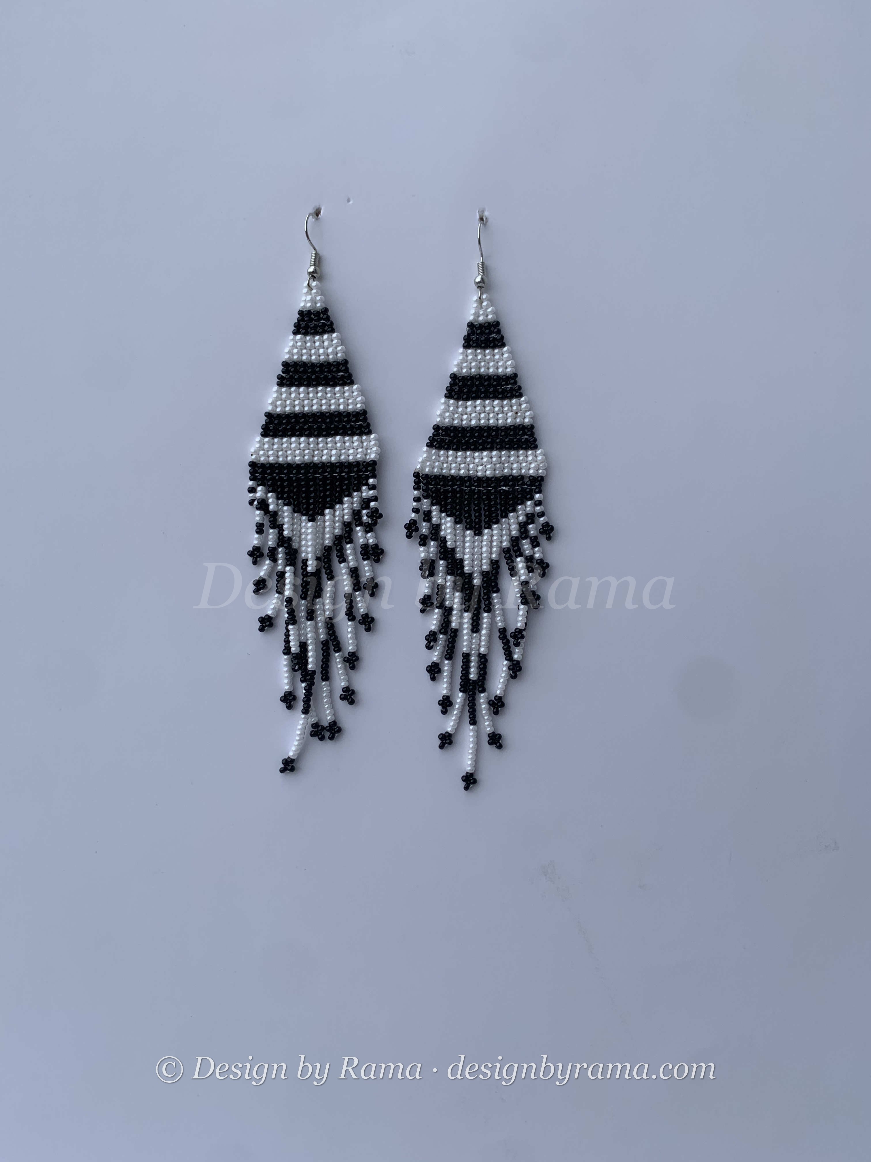 Agogo Domino Fringe — handmade black, white beaded fringe earrings by Rama, Ghana glass beads, Duncan BC