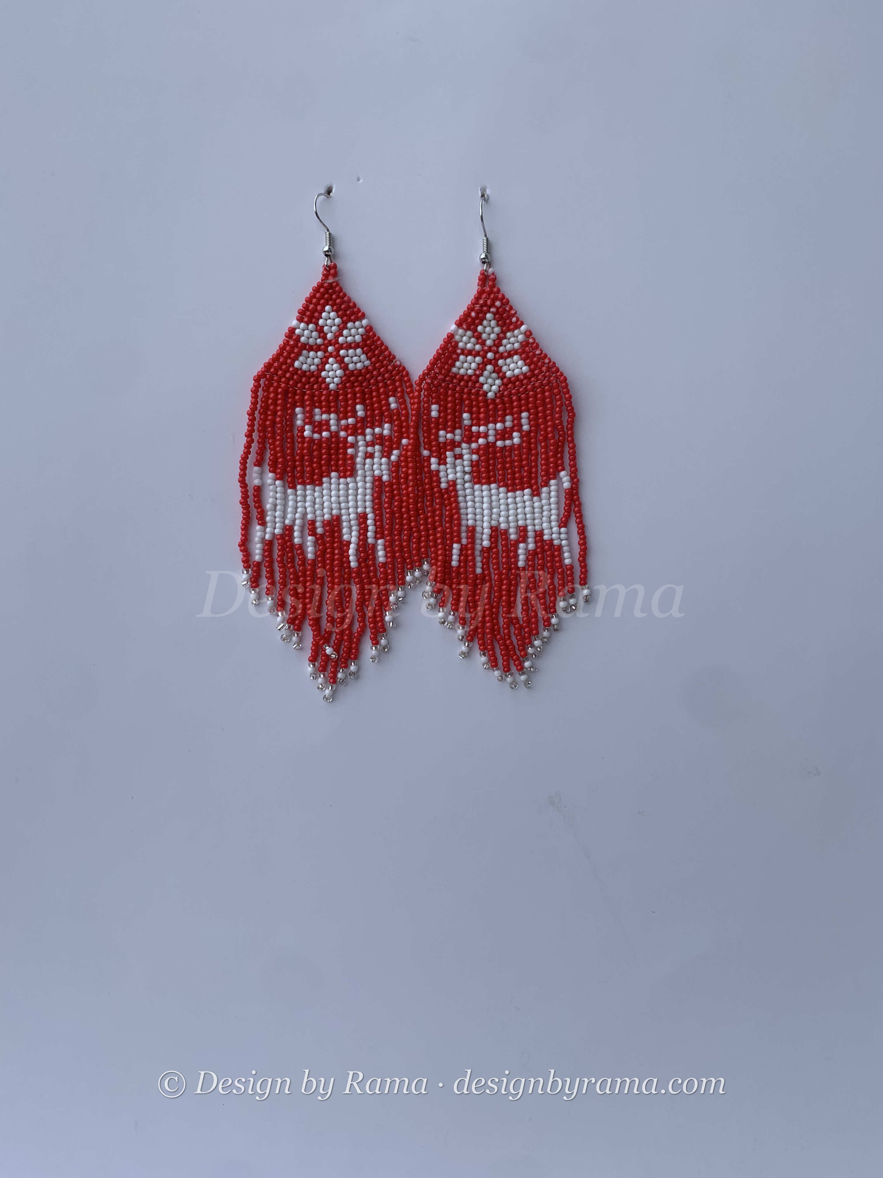 Konongo Snowflake Fringe — handmade red, white beaded fringe earrings by Rama, Ghana glass beads, Duncan BC