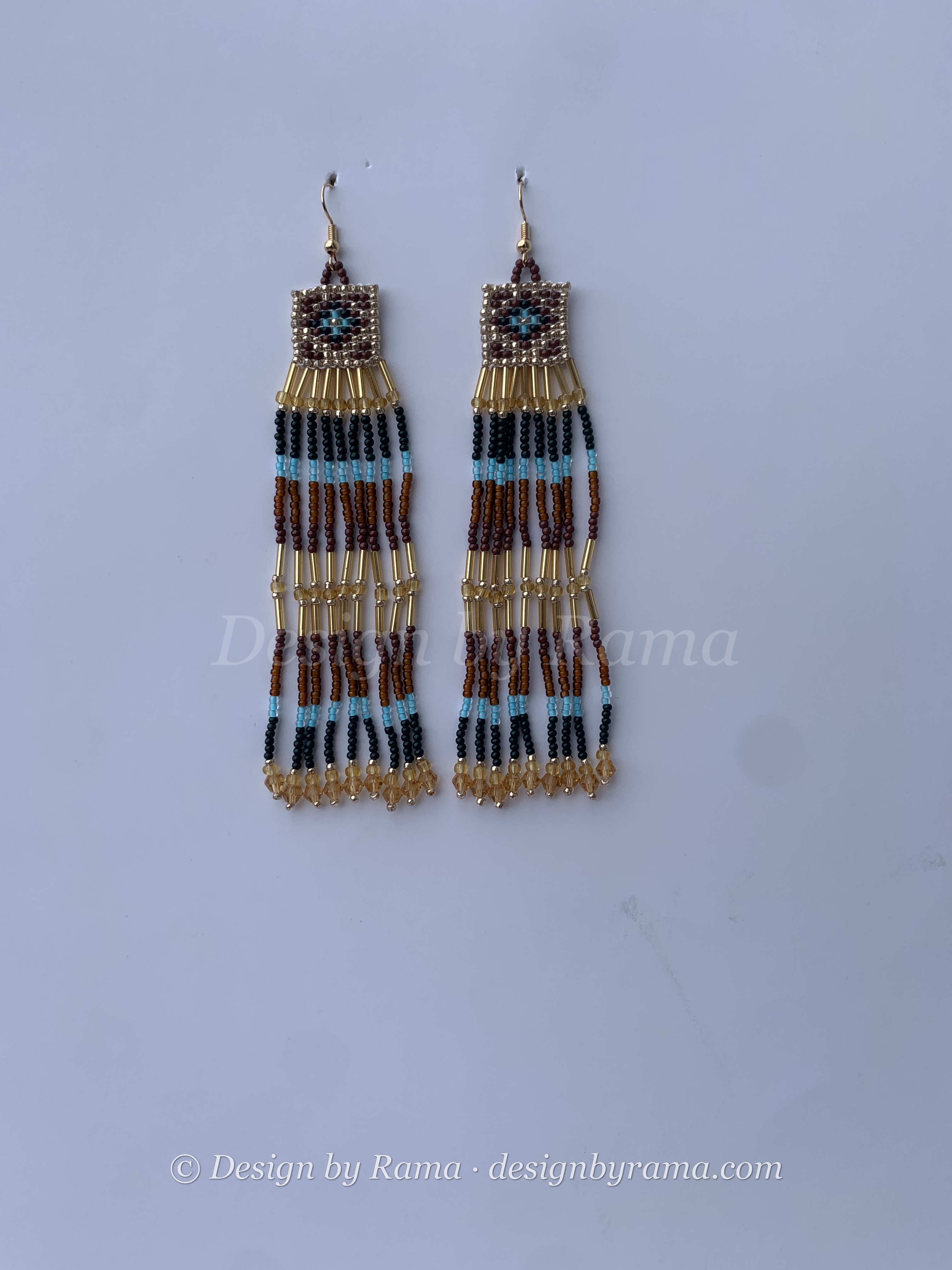 Fomena Earth Cascade — handmade brown, tan, blue beaded fringe earrings by Rama, Ghana glass beads, Duncan BC