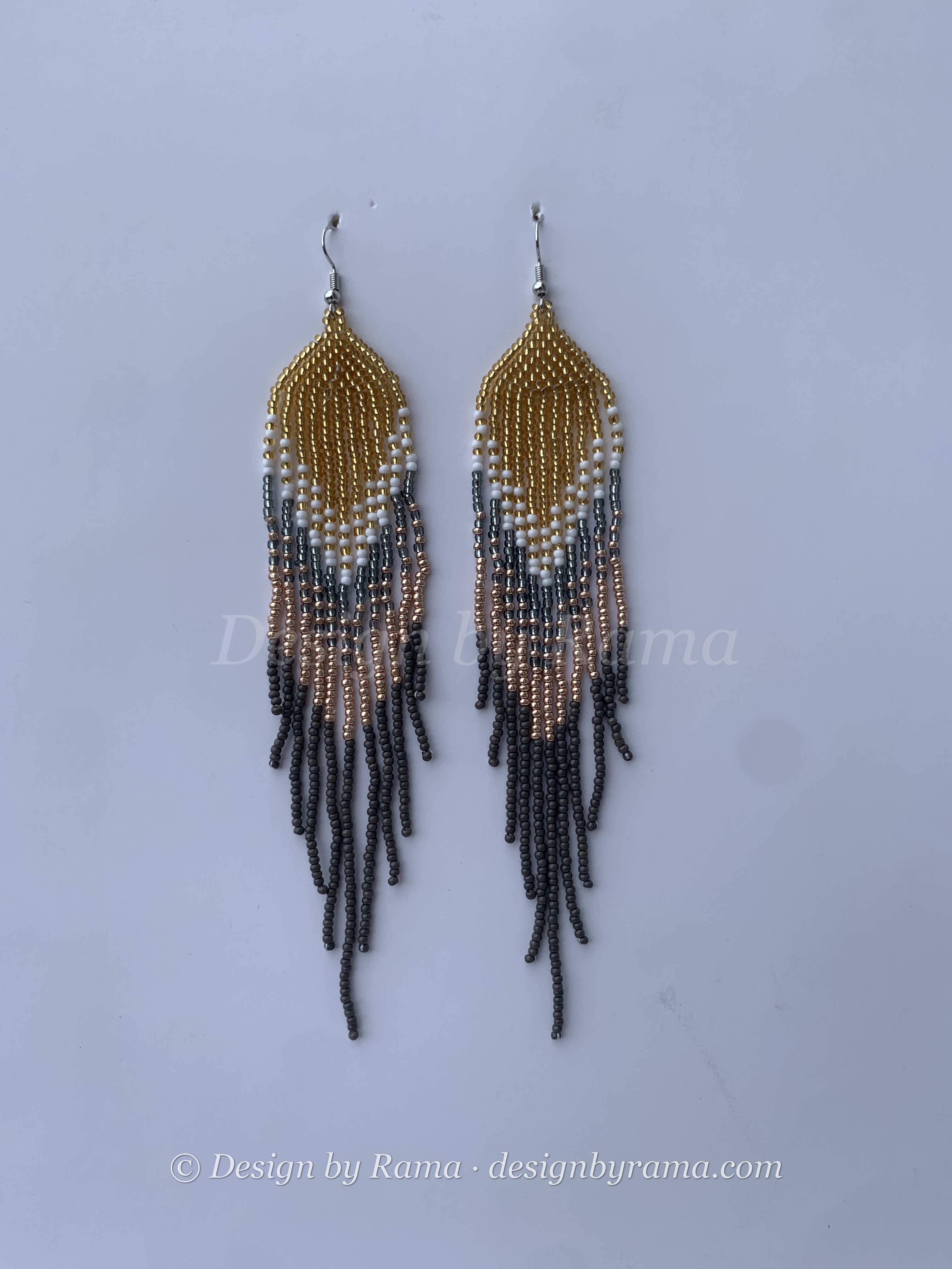 Agona Dawn Cascade — handmade gold, grey, blush beaded fringe earrings by Rama, Ghana glass beads, Duncan BC