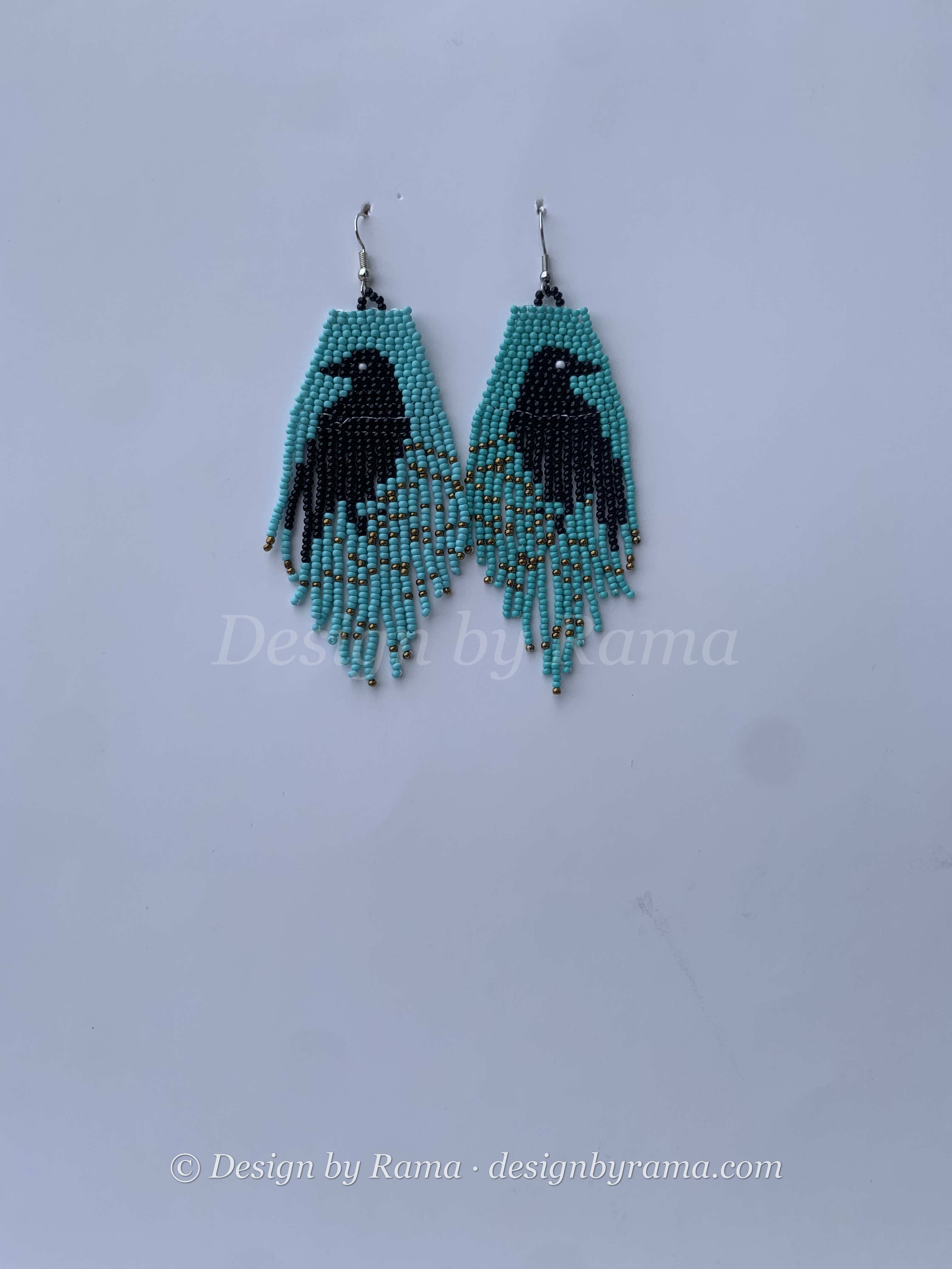 Apam Kingfisher Fringe — handmade teal, black, white beaded fringe earrings by Rama, Ghana glass beads, Duncan BC