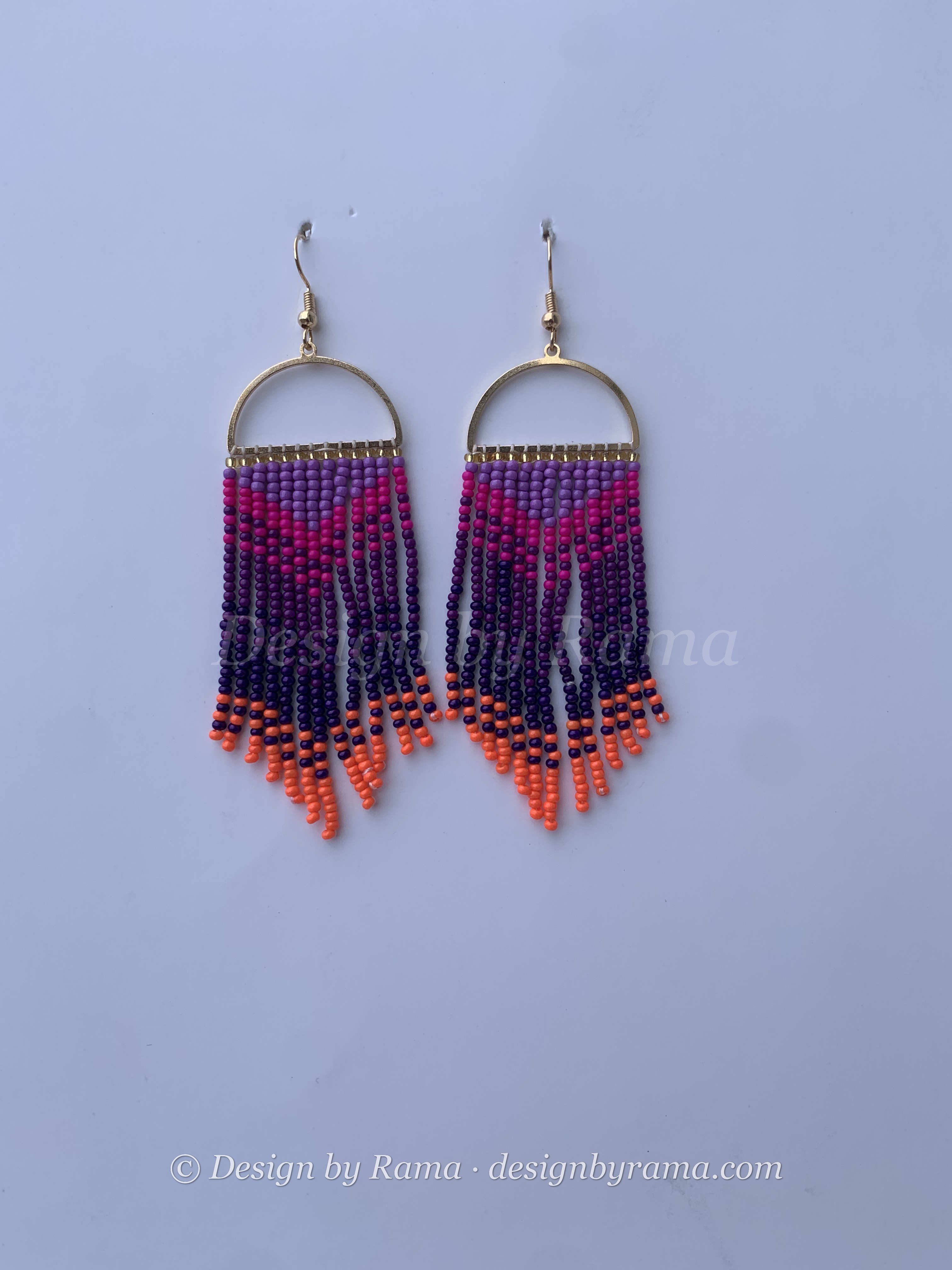 Ajumako Sunset Arc — handmade purple, orange, pink beaded fringe earrings by Rama, Ghana glass beads, Duncan BC