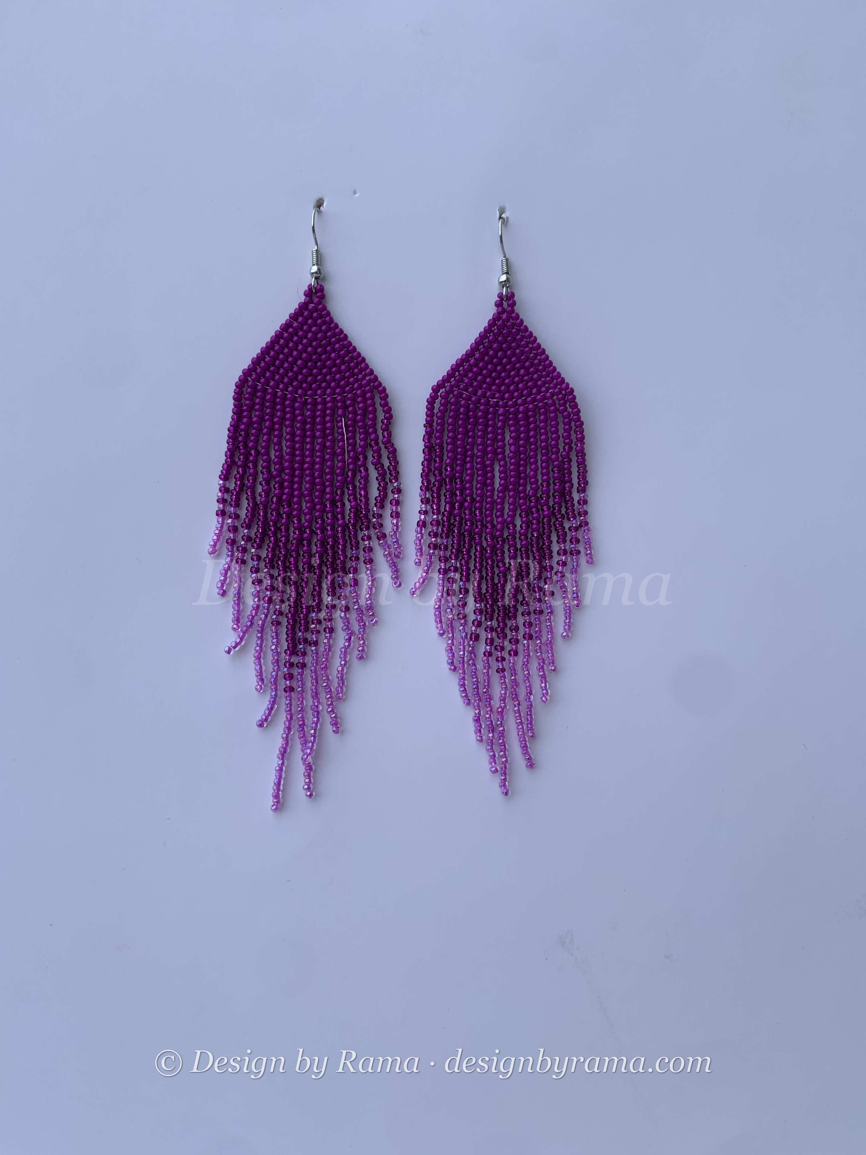 Assin Amethyst Cascade — handmade purple, lavender beaded fringe earrings by Rama, Ghana glass beads, Duncan BC