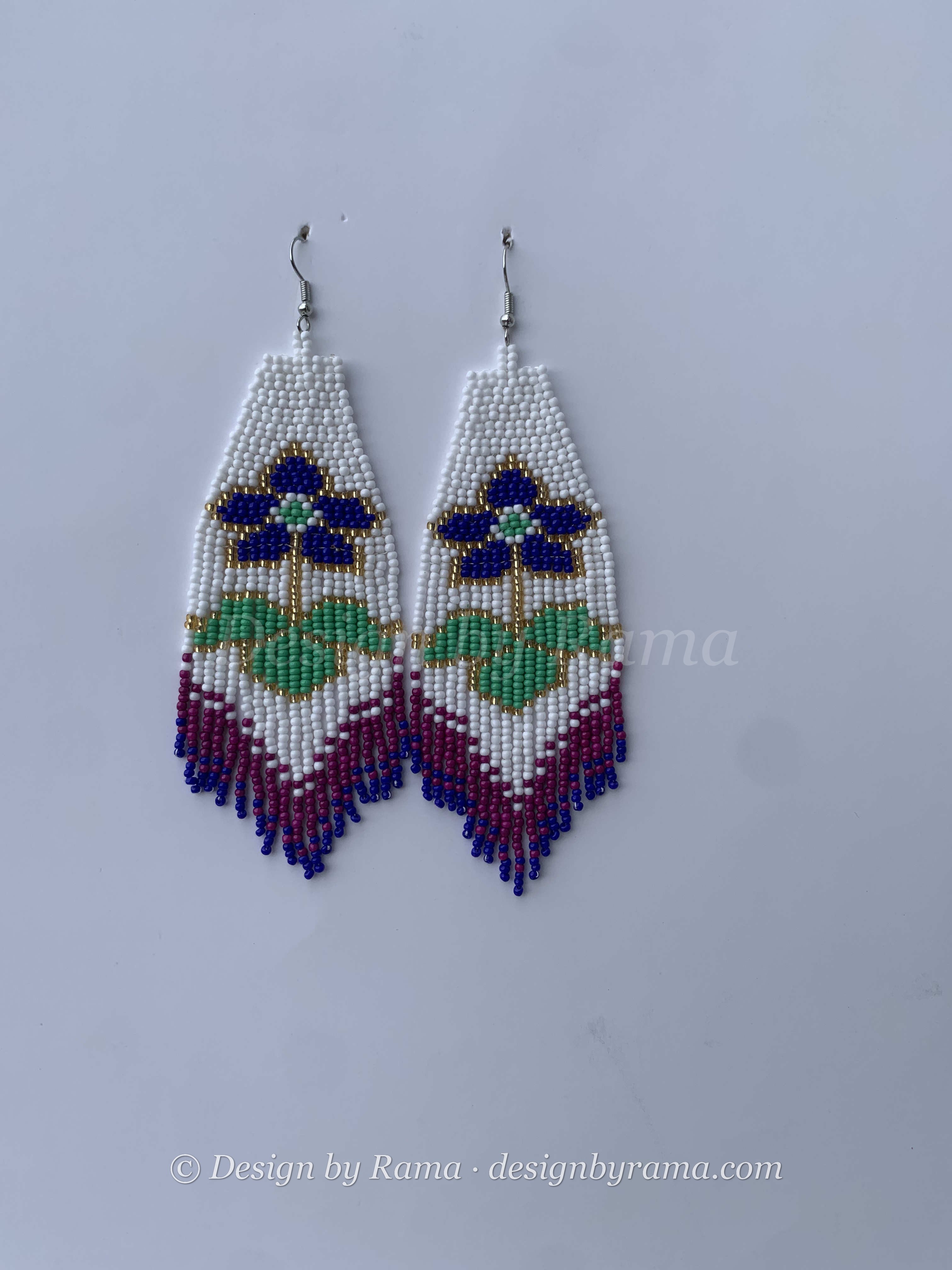 Dormaa Meadow Fringe — handmade white, blue, green beaded fringe earrings by Rama, Ghana glass beads, Duncan BC