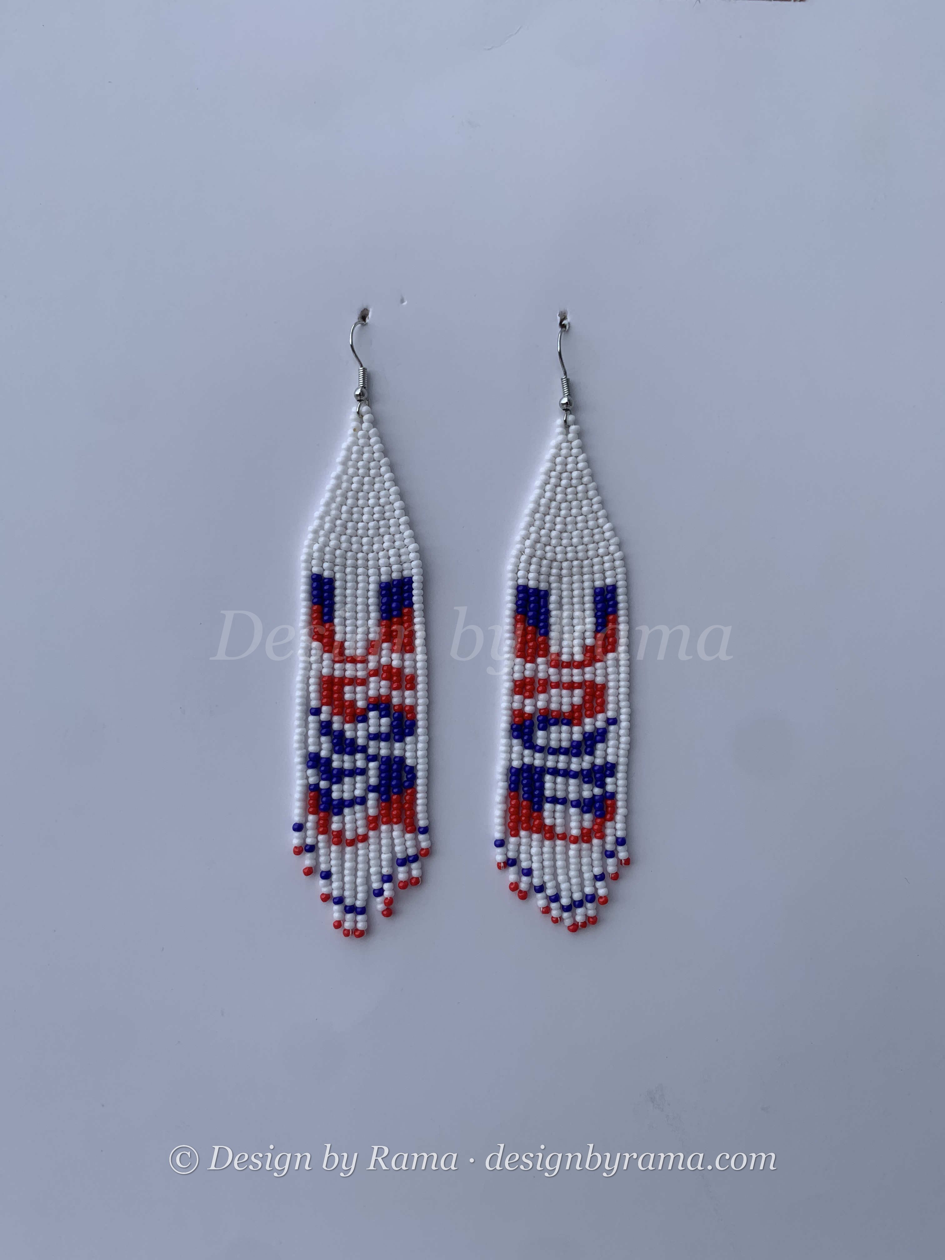 Nkoranza Petite Fringe — handmade white, red, blue beaded fringe earrings by Rama, Ghana glass beads, Duncan BC