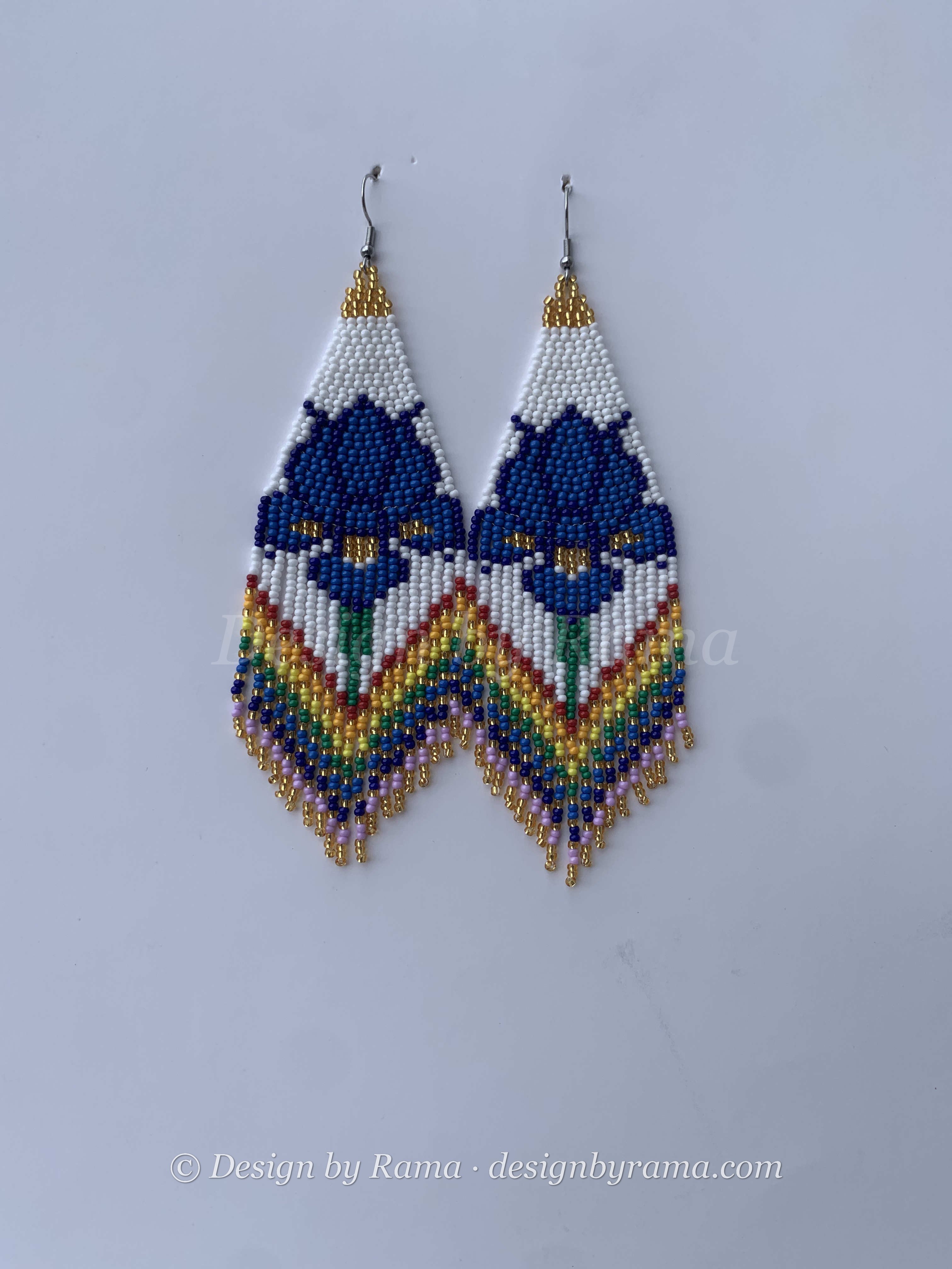 Atebubu Bloom Fringe — handmade blue, multicolor beaded fringe earrings by Rama, Ghana glass beads, Duncan BC