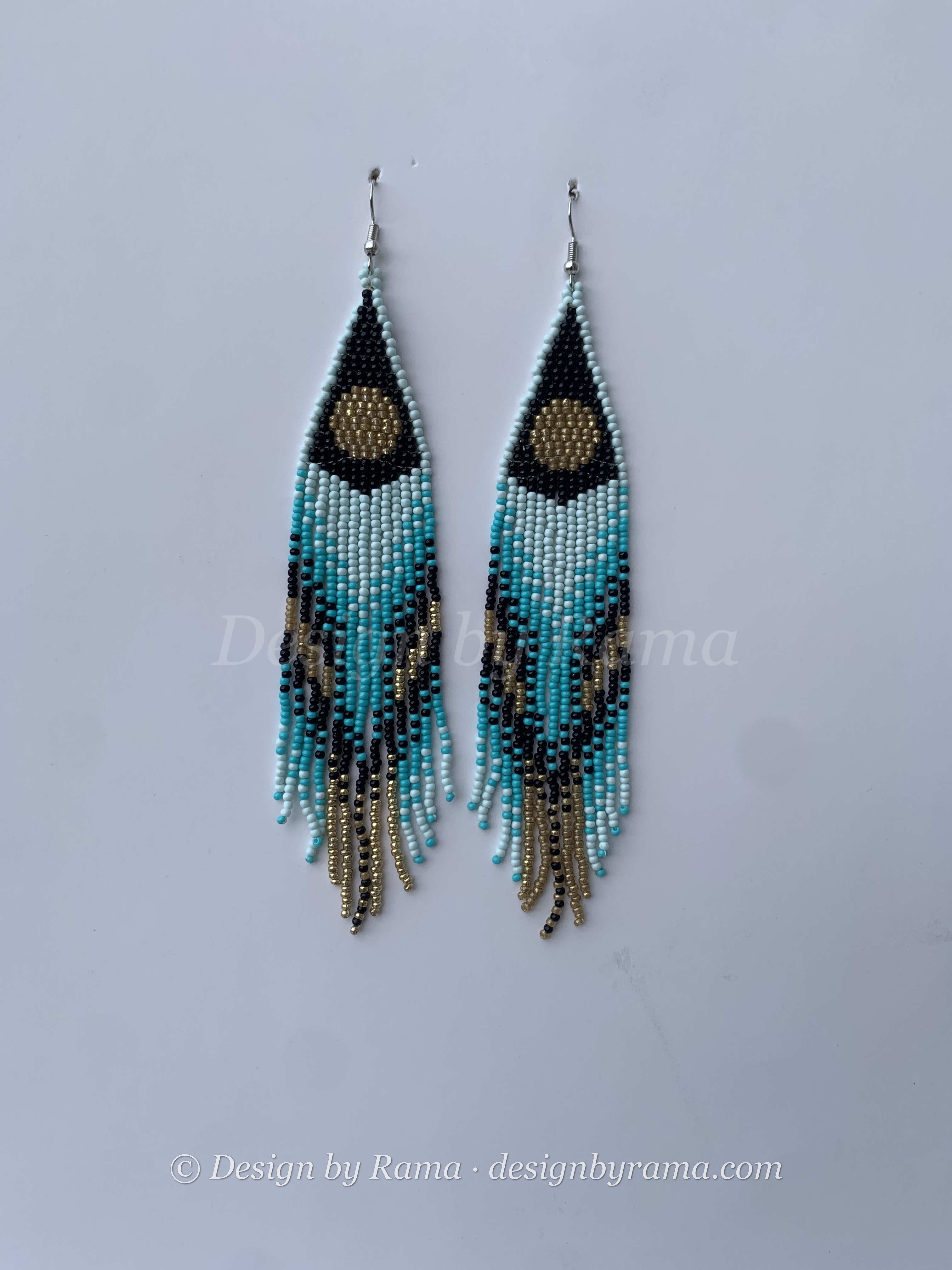 Ejura Peacock Feather — handmade teal, black, gold beaded fringe earrings by Rama, Ghana glass beads, Duncan BC