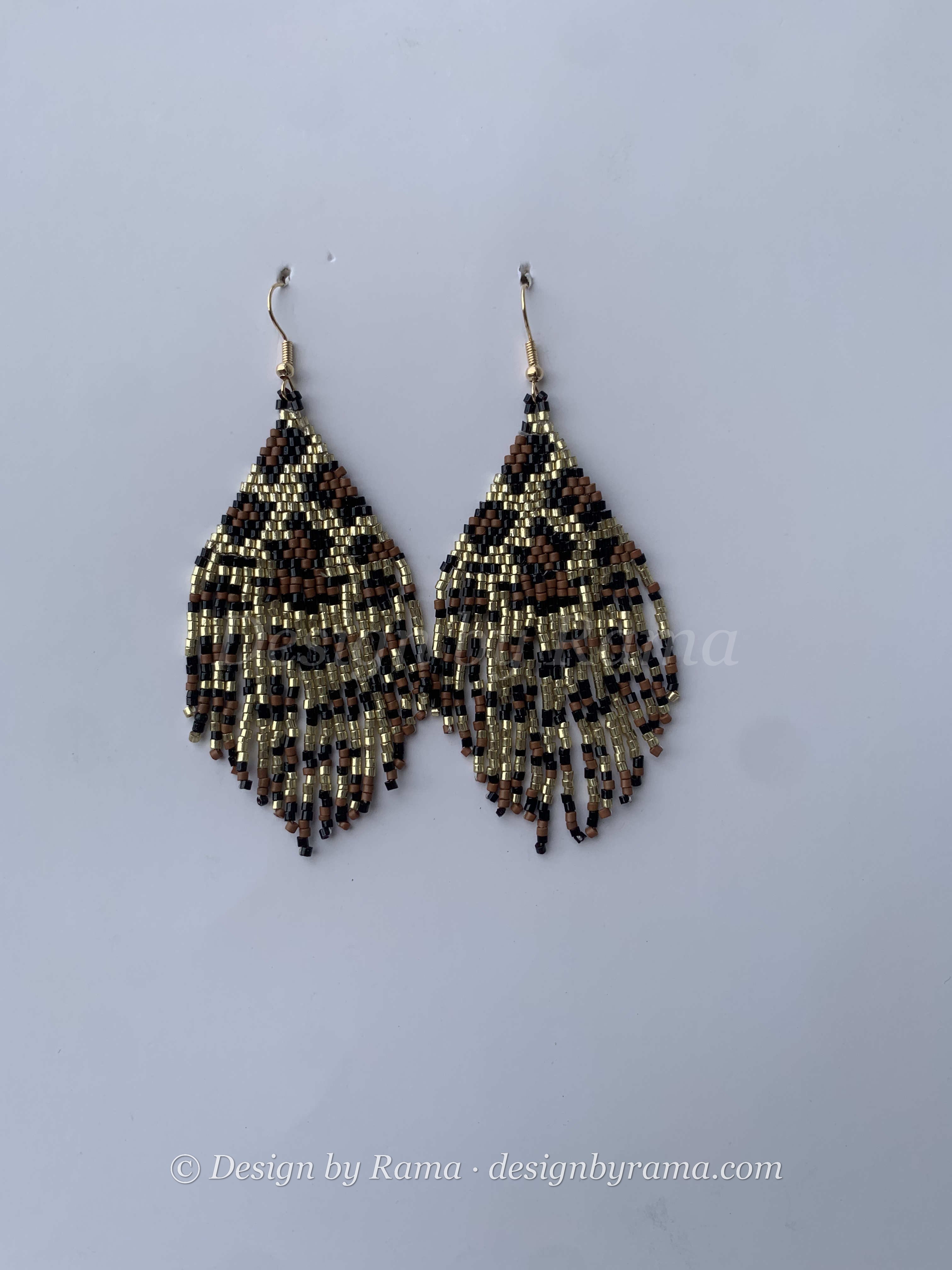 Effiduase Gilded Feather — handmade gold, black beaded fringe earrings by Rama, Ghana glass beads, Duncan BC