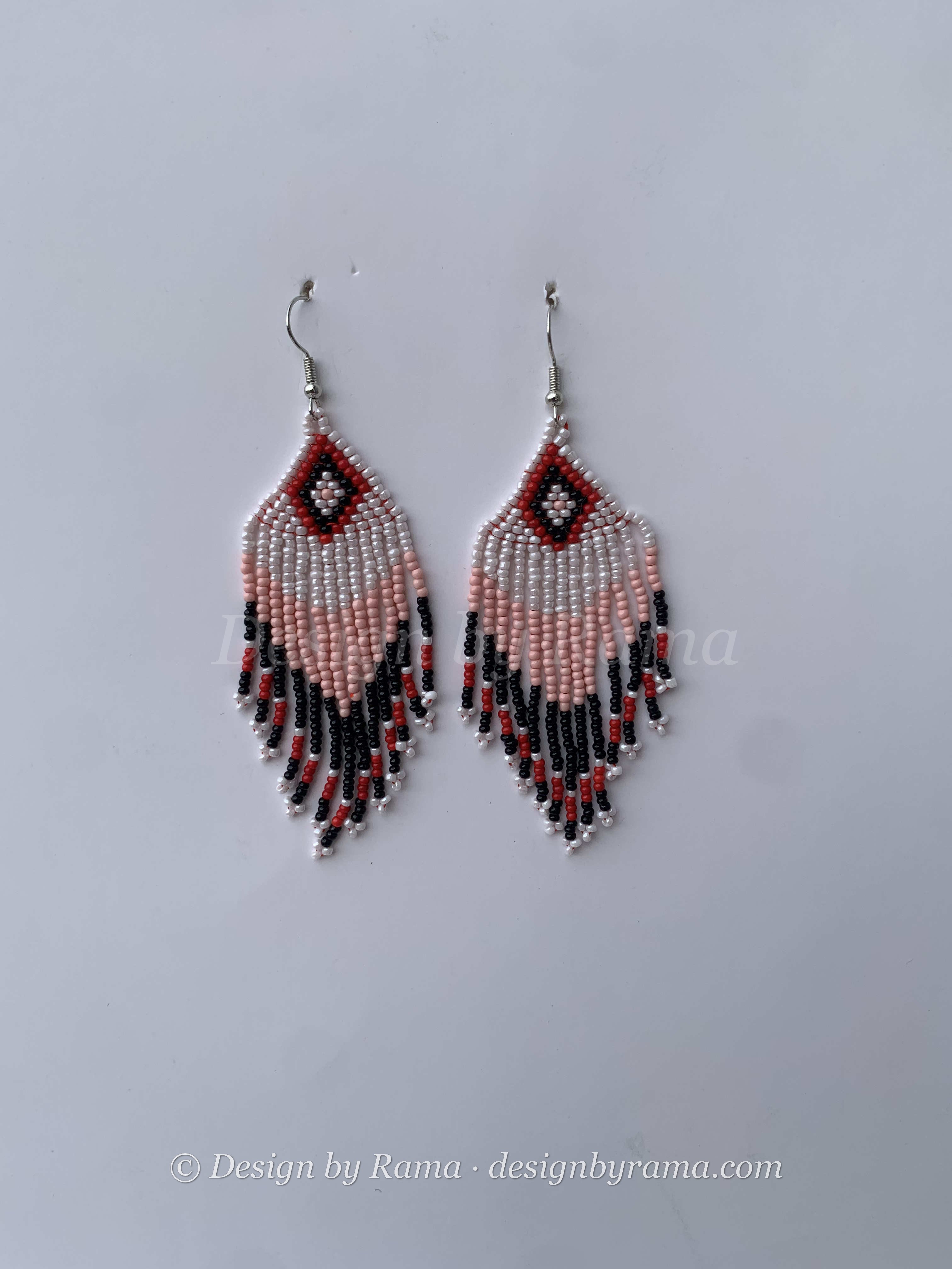 Juaso Blush Feather — handmade pink, blush, black beaded fringe earrings by Rama, Ghana glass beads, Duncan BC
