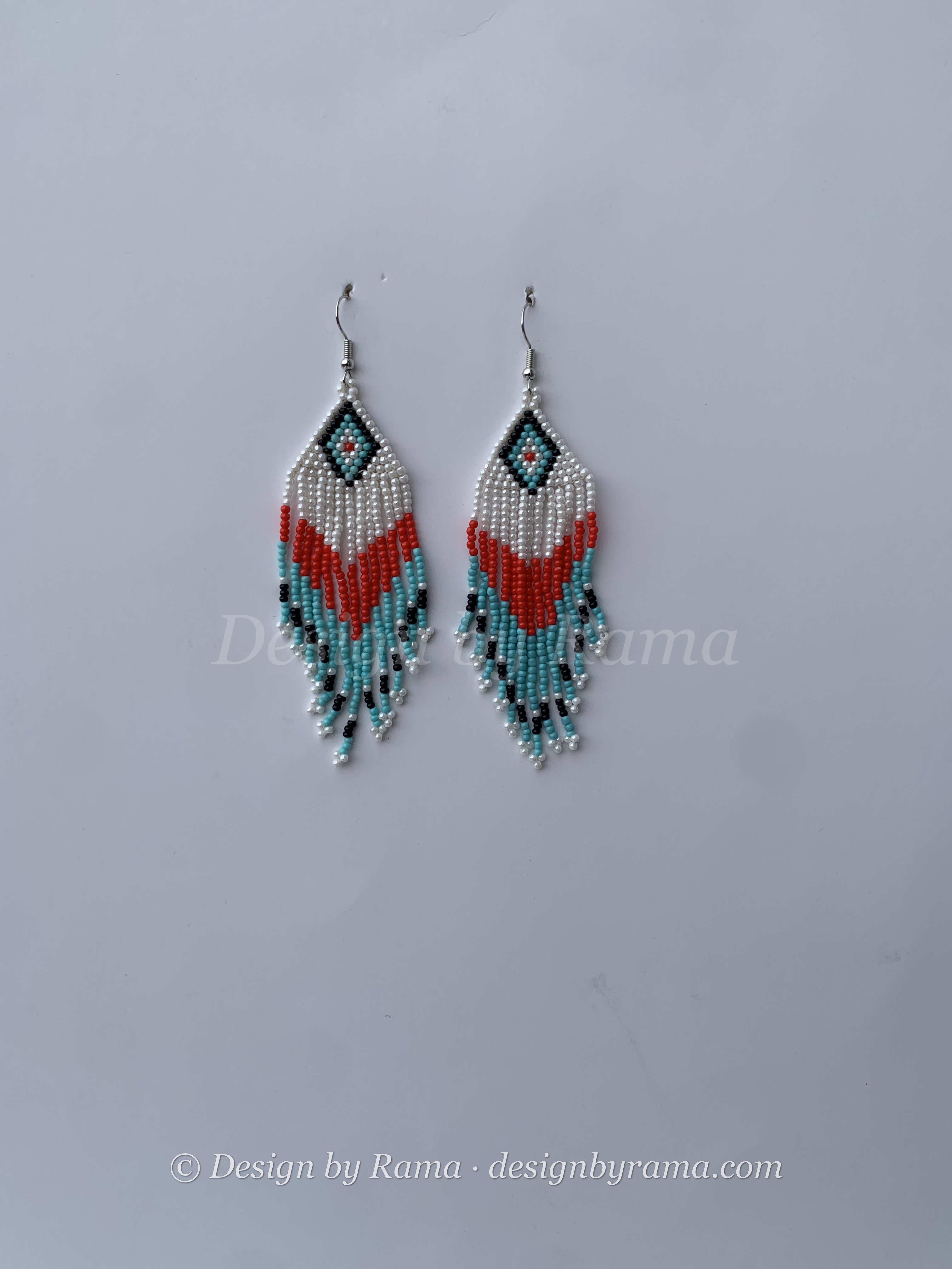 Asokore Diamond Fringe — handmade white, teal, red beaded fringe earrings by Rama, Ghana glass beads, Duncan BC