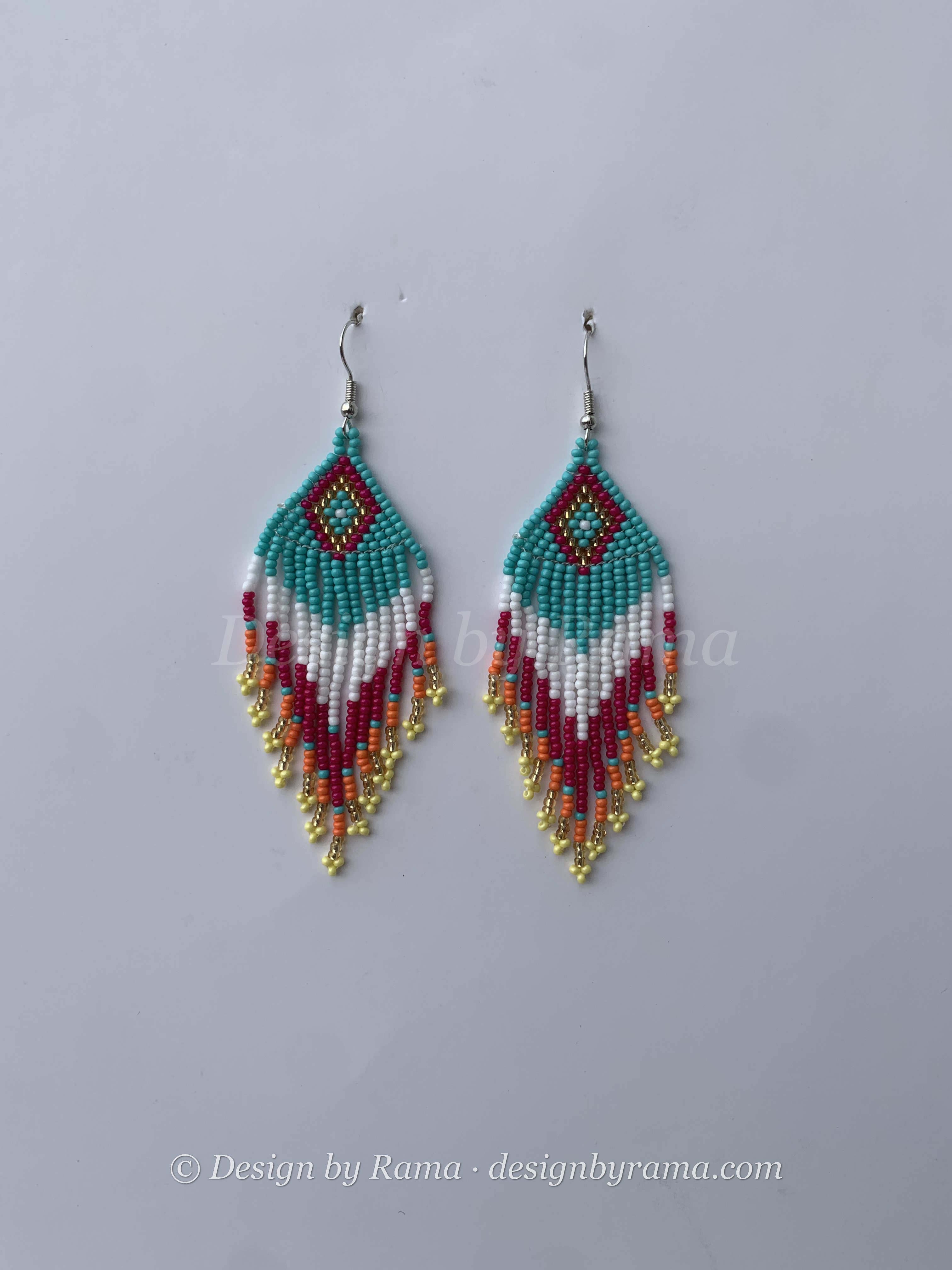 Dadieso Lagoon Feather — handmade teal, red, gold beaded fringe earrings by Rama, Ghana glass beads, Duncan BC