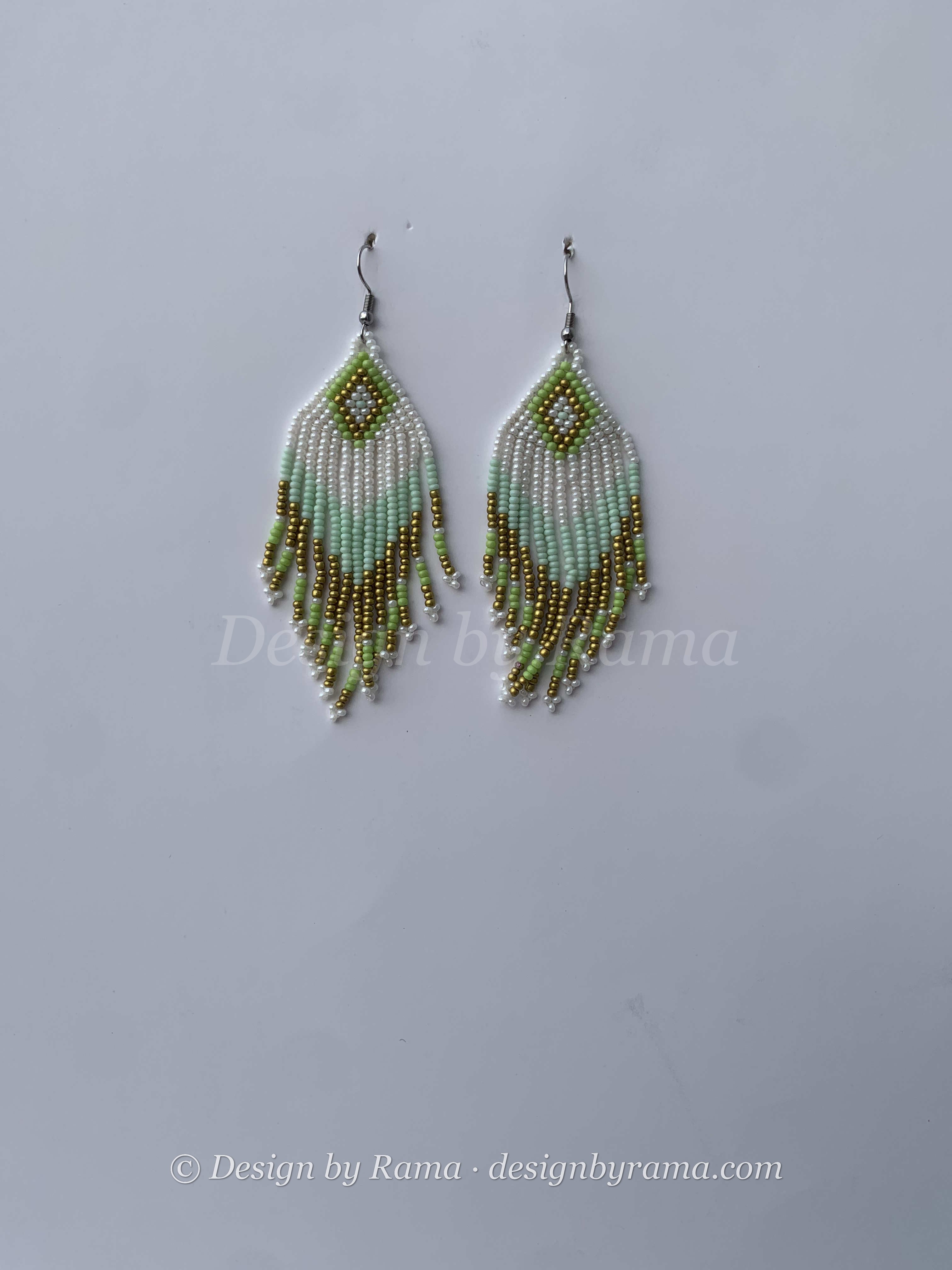 Kenyasi Fern Feather — handmade green, olive beaded fringe earrings by Rama, Ghana glass beads, Duncan BC