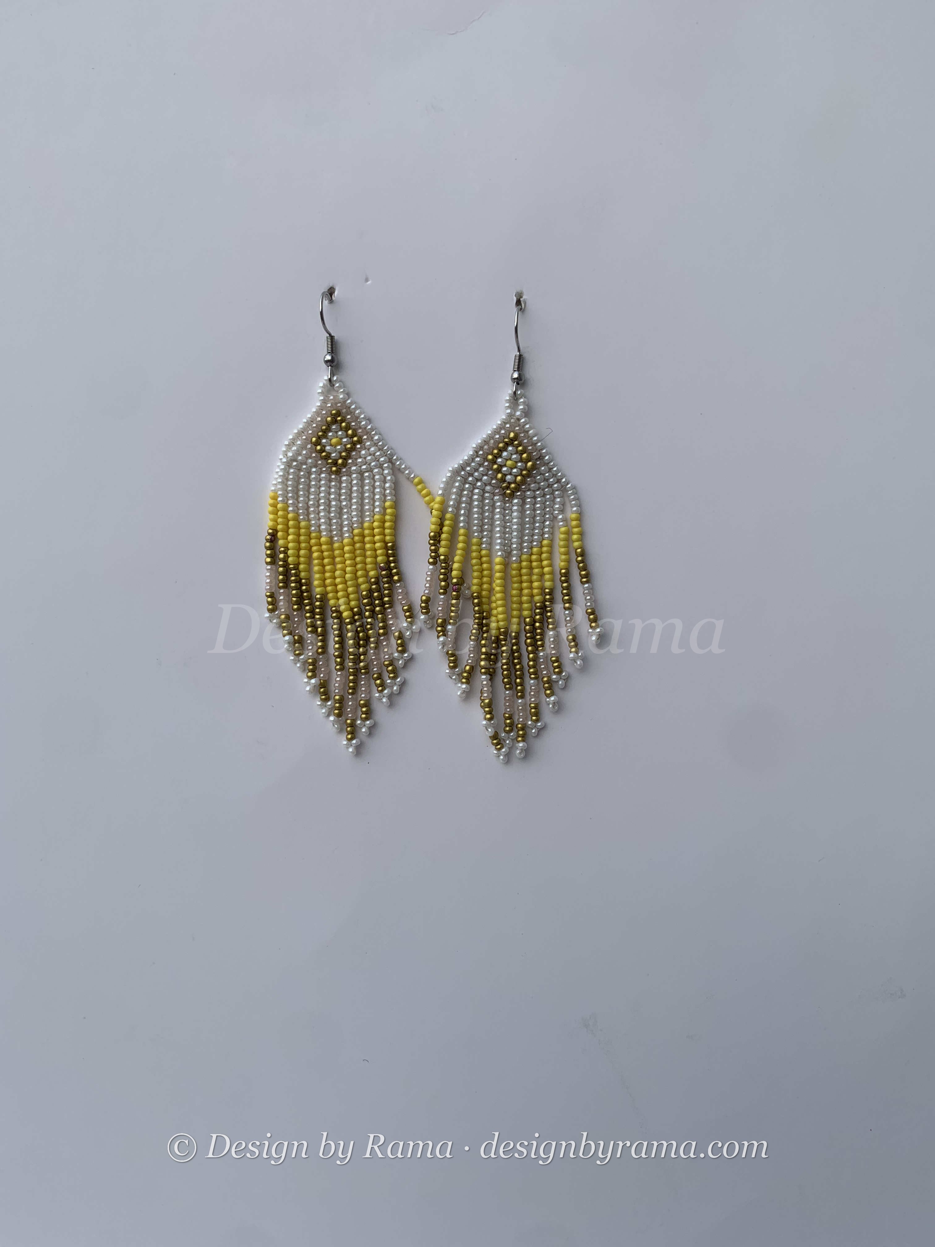 Duayaw Meadow Feather — handmade yellow, olive, white beaded fringe earrings by Rama, Ghana glass beads, Duncan BC