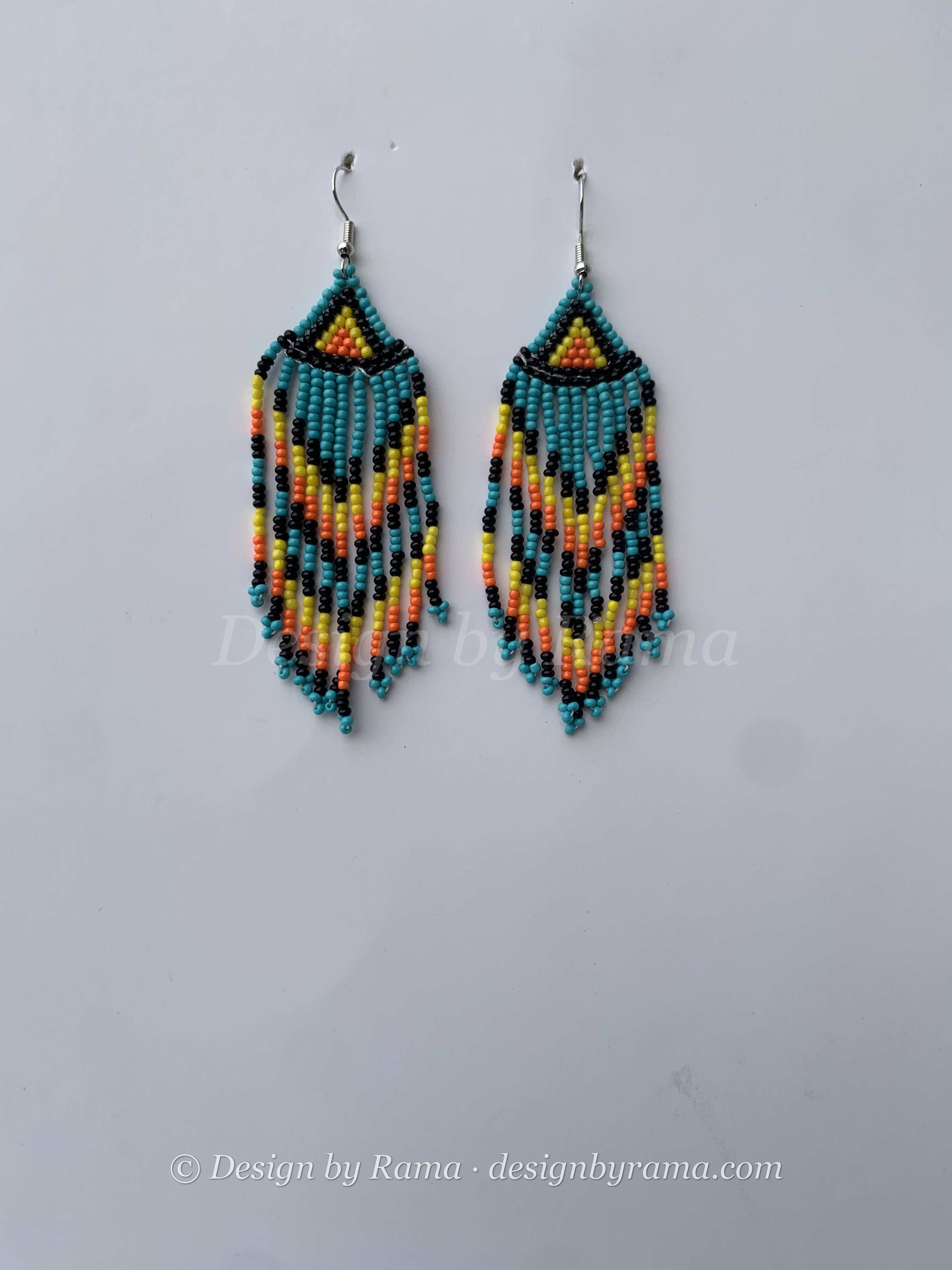 Eikwe Sunrise Fringe — handmade teal, orange, yellow beaded fringe earrings by Rama, Ghana glass beads, Duncan BC