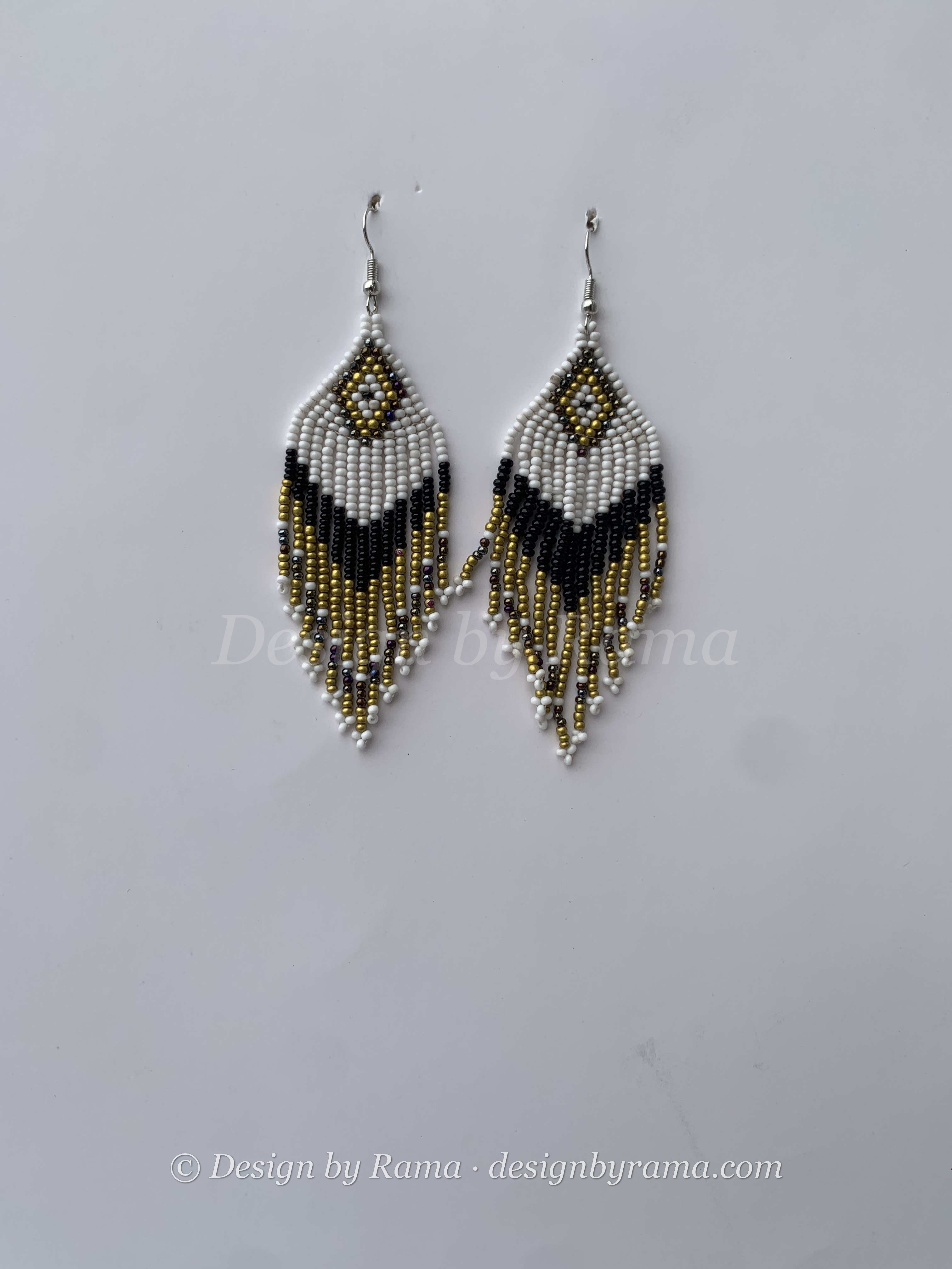 Esiama Pharaoh Feather — handmade white, gold, black beaded fringe earrings by Rama, Ghana glass beads, Duncan BC
