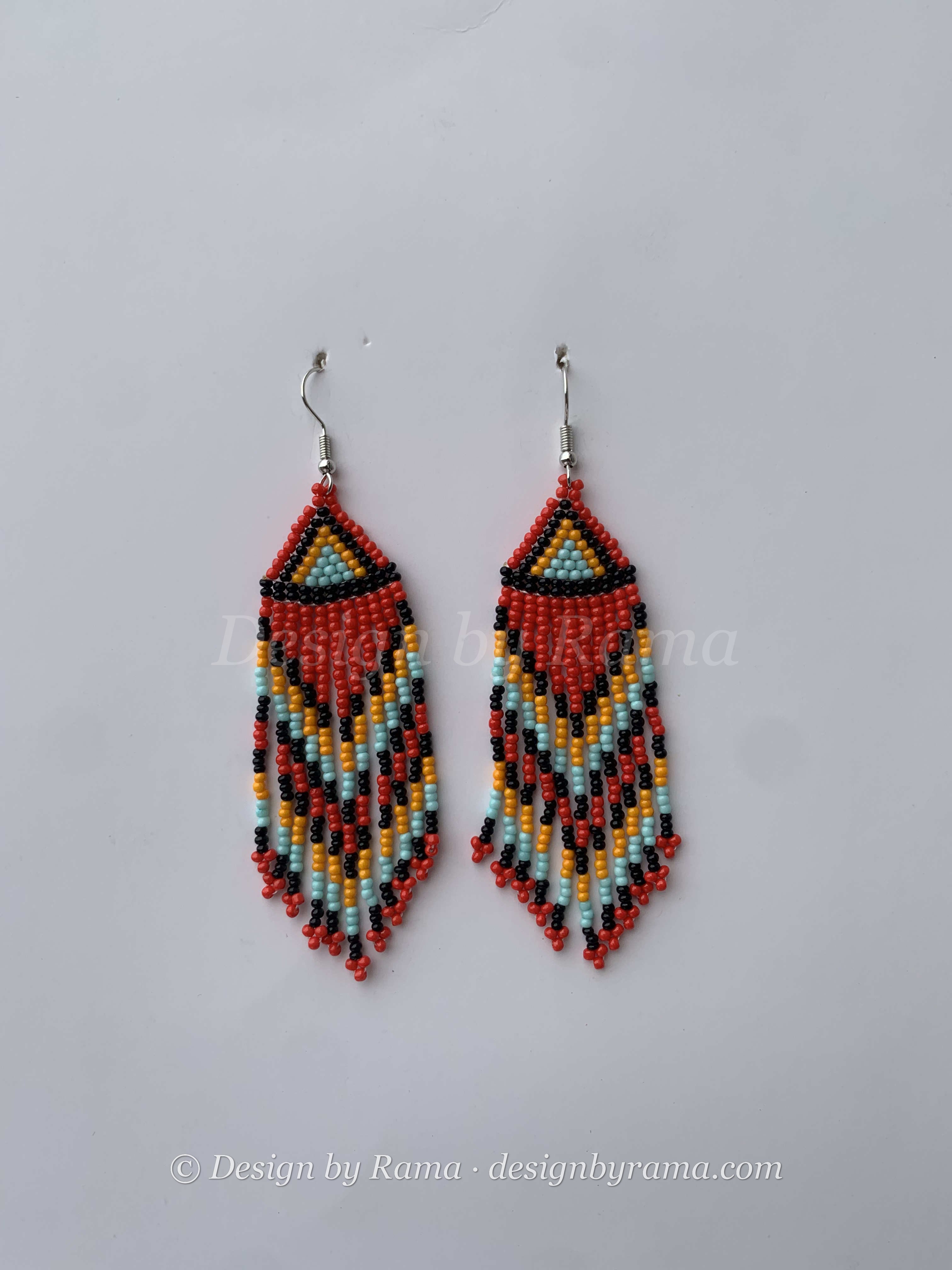 Elubo Fiesta Fringe — handmade red, teal, yellow beaded fringe earrings by Rama, Ghana glass beads, Duncan BC