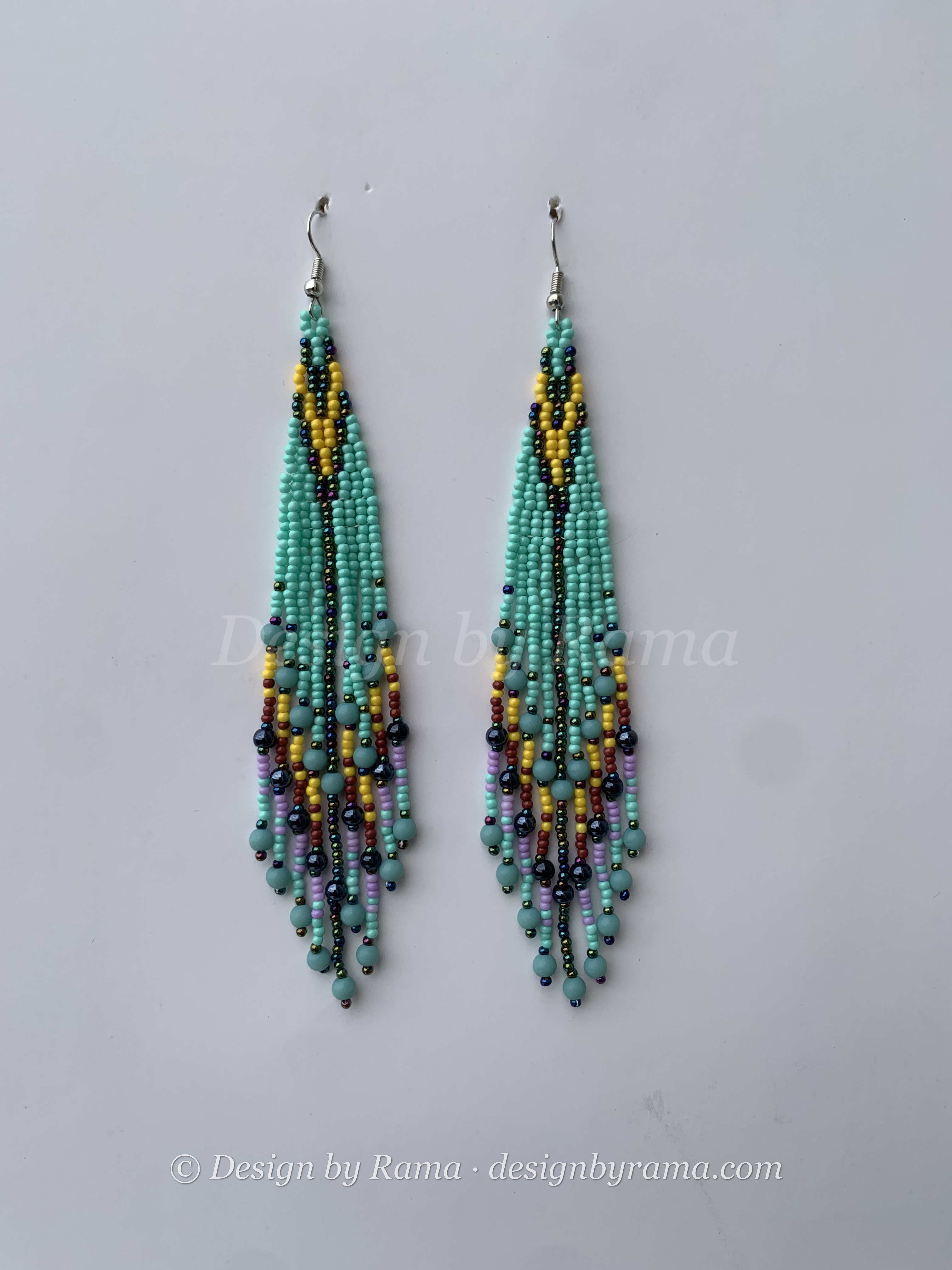 Aboso Rainforest Cascade — handmade teal, green, yellow beaded fringe earrings by Rama, Ghana glass beads, Duncan BC