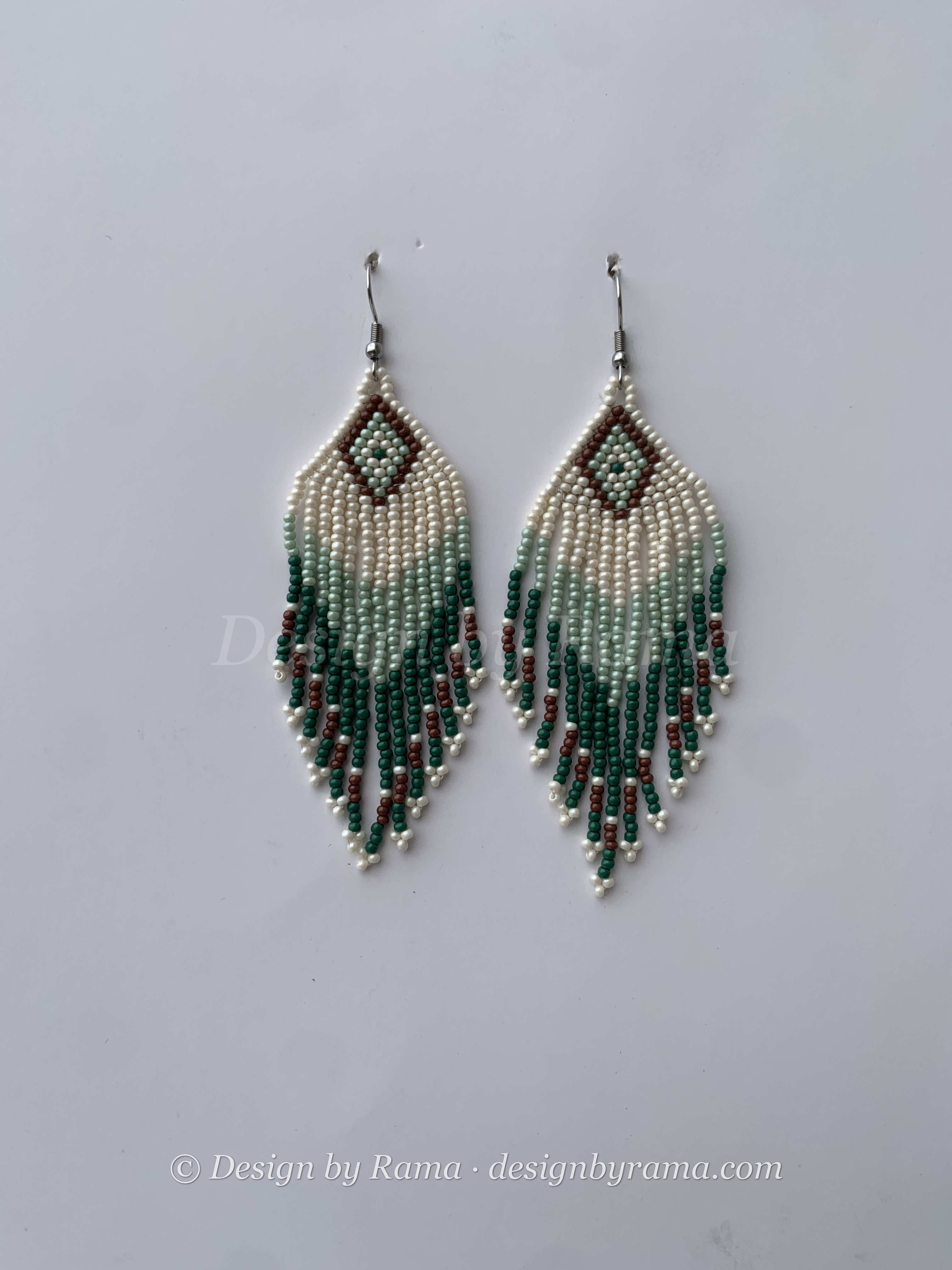 Tepa Willow Feather — handmade white, green, black beaded fringe earrings by Rama, Ghana glass beads, Duncan BC