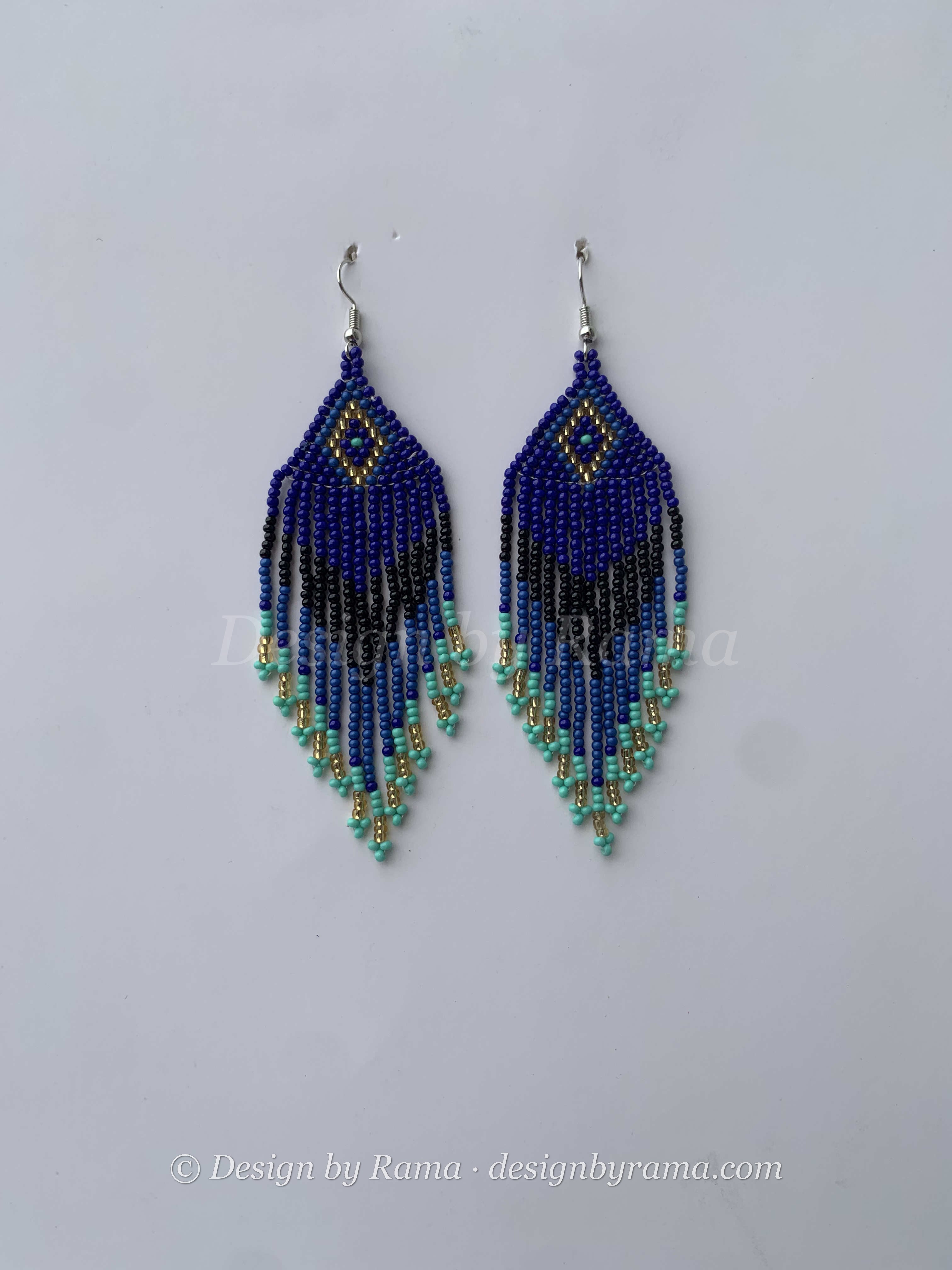 Bechem Peacock Feather — handmade blue, navy, green beaded fringe earrings by Rama, Ghana glass beads, Duncan BC