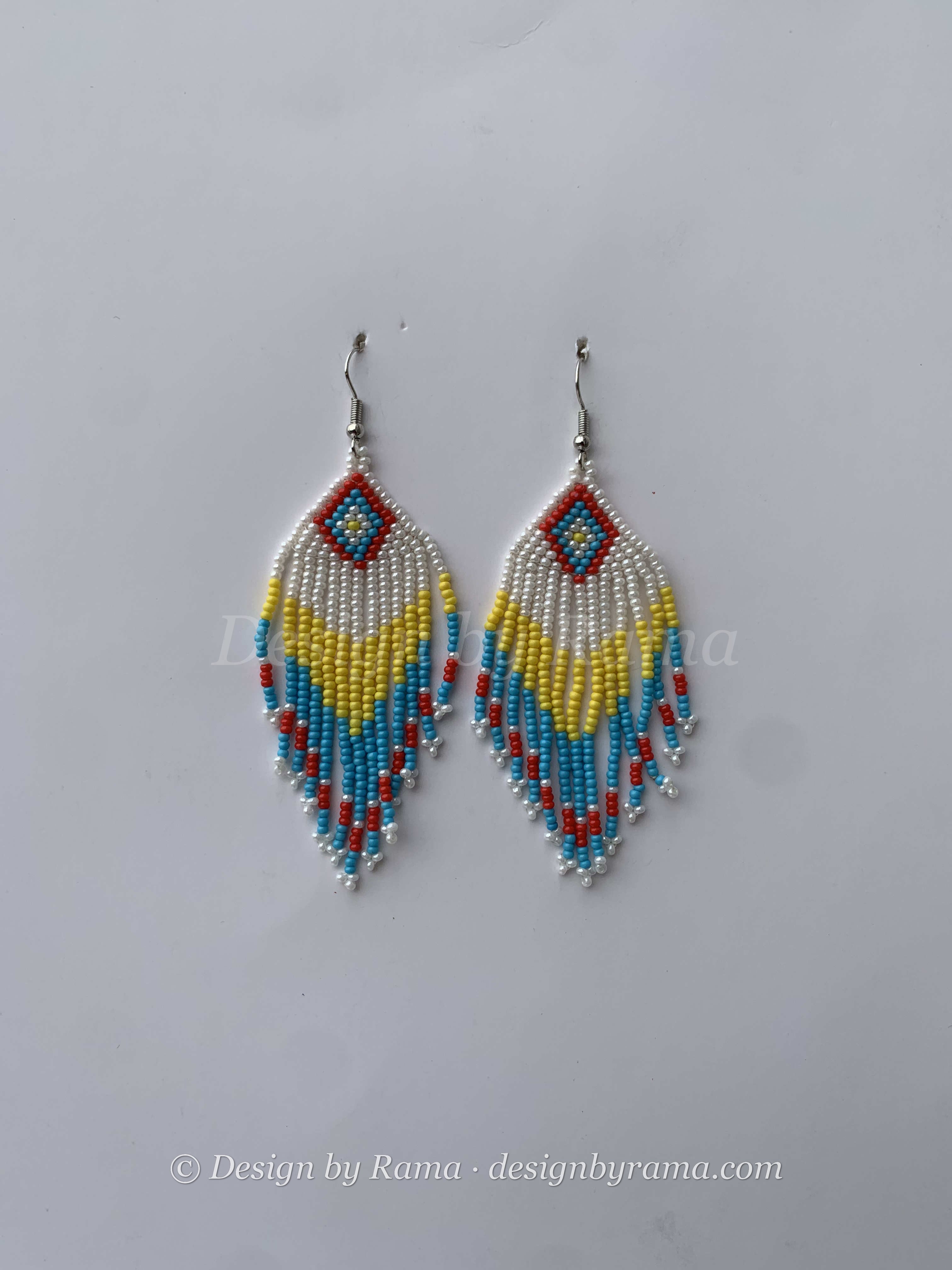Wamfie Carnival Fringe — handmade white, blue, red beaded fringe earrings by Rama, Ghana glass beads, Duncan BC