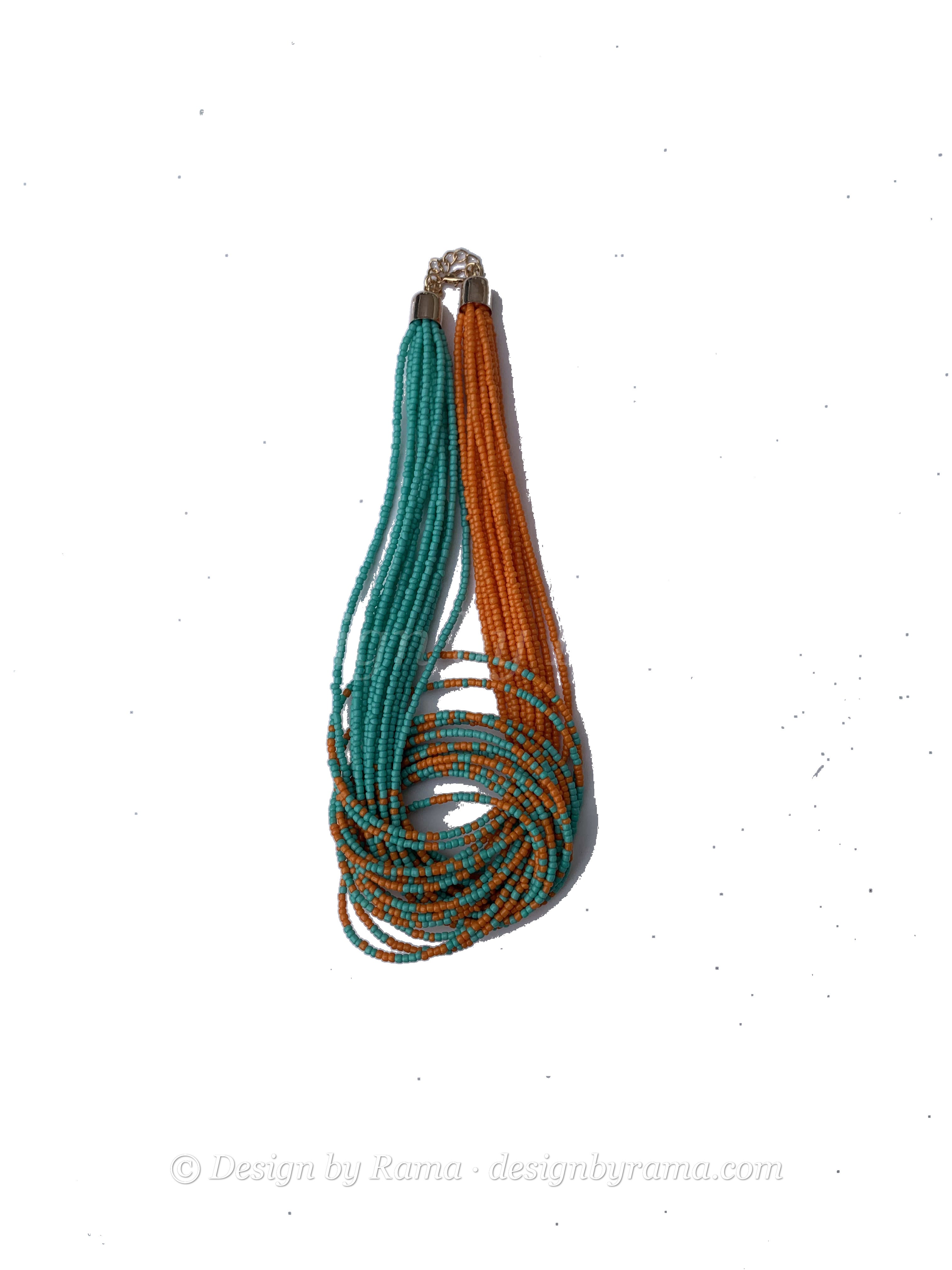 Nsawam Twist Necklace — handmade orange, teal, multicolor beaded multi-strand necklace by Rama, Ghana glass beads, Duncan BC
