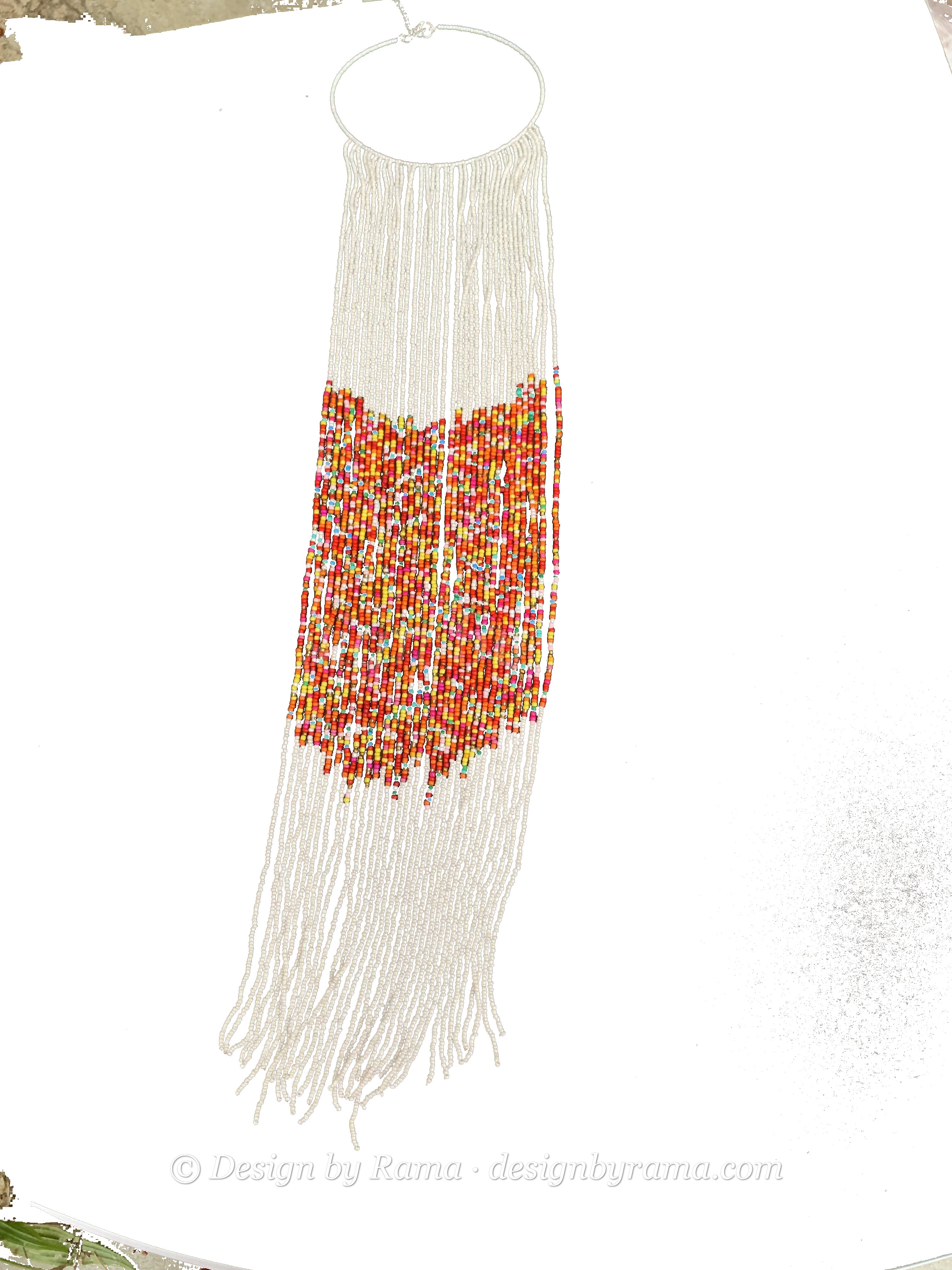 Jasikan Fringe Bib — handmade white, orange, fringe beaded statement necklace by Rama, Ghana glass beads, Duncan BC