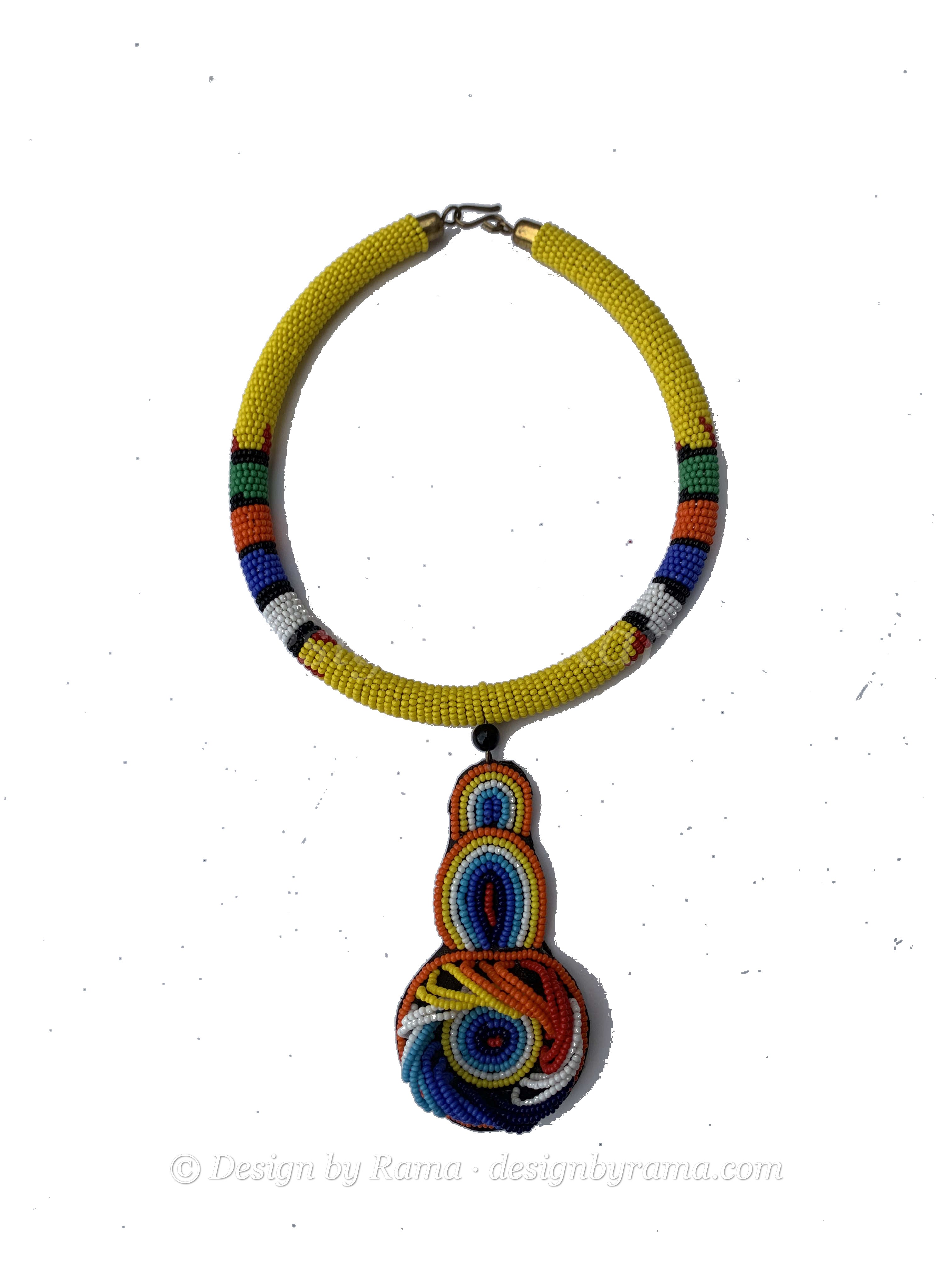 Kete Krachi Amber Collar — handmade yellow, amber, pendant beaded statement necklace by Rama, Ghana glass beads, Duncan BC