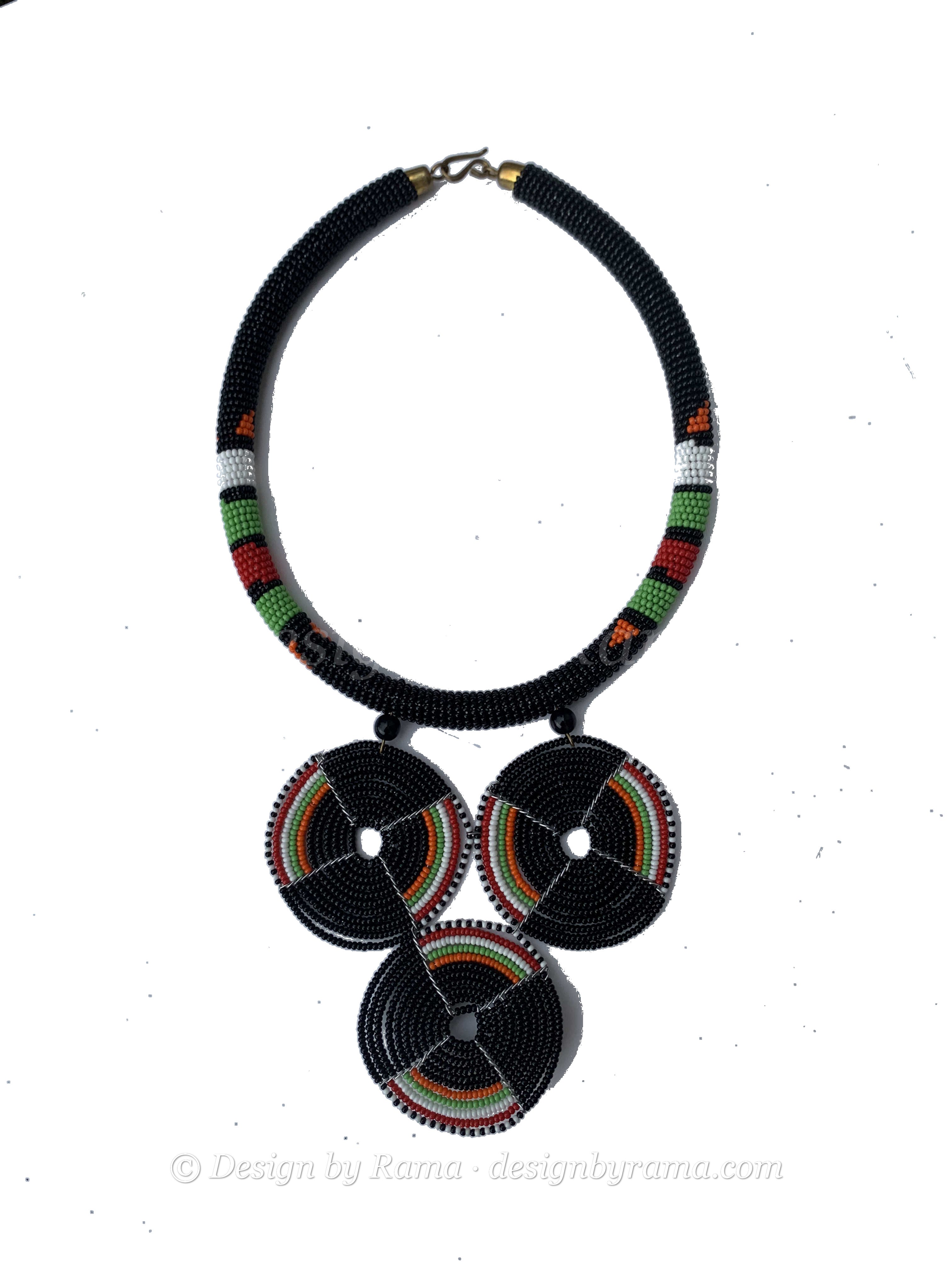Zebilla Mosaic Collar — handmade black, multicolor, disc beaded statement necklace by Rama, Ghana glass beads, Duncan BC